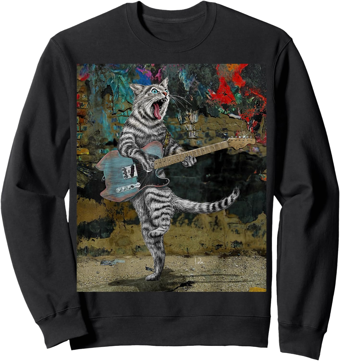 Cat Guitar Buskers Electric Guitar Player Funny Cute Kitty Sweatshirt - Sweatshirt | Black