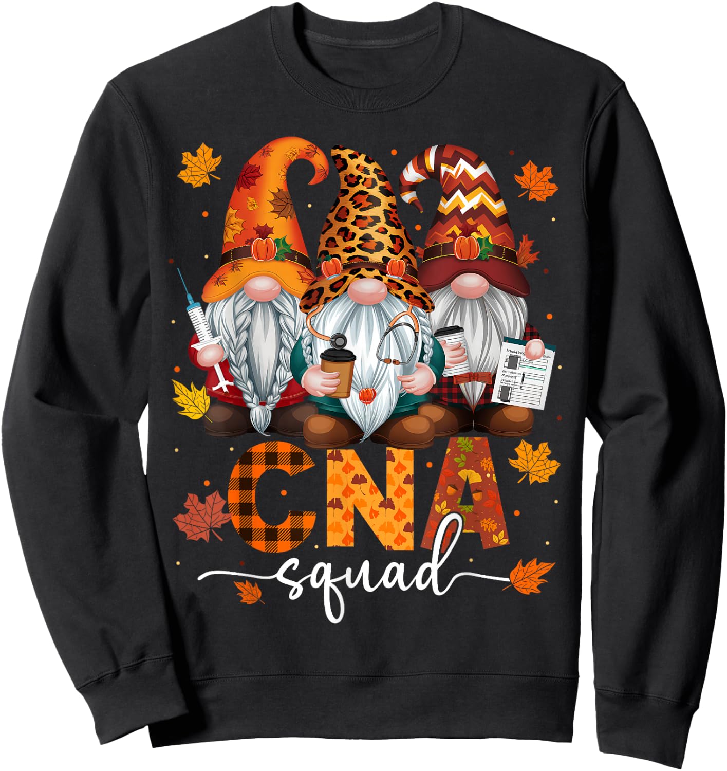 CNA Squad Gnome Nurse Leopard Thanksgiving Stethoscope Sweatshirt - Sweatshirt | Black