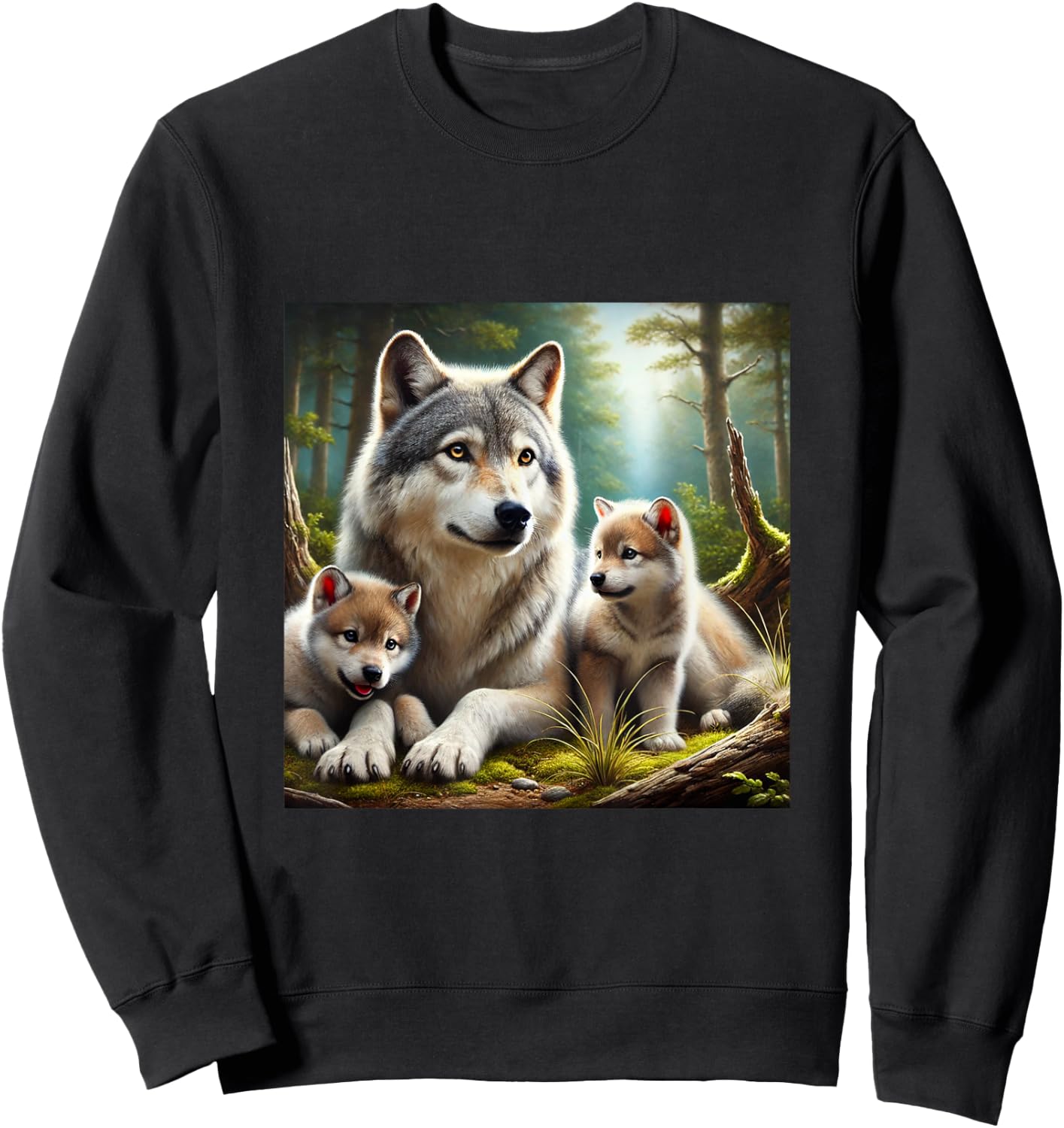 Wolf mother with two cubs realistic cute youthful Sweatshirt - Sweatshirt | Black