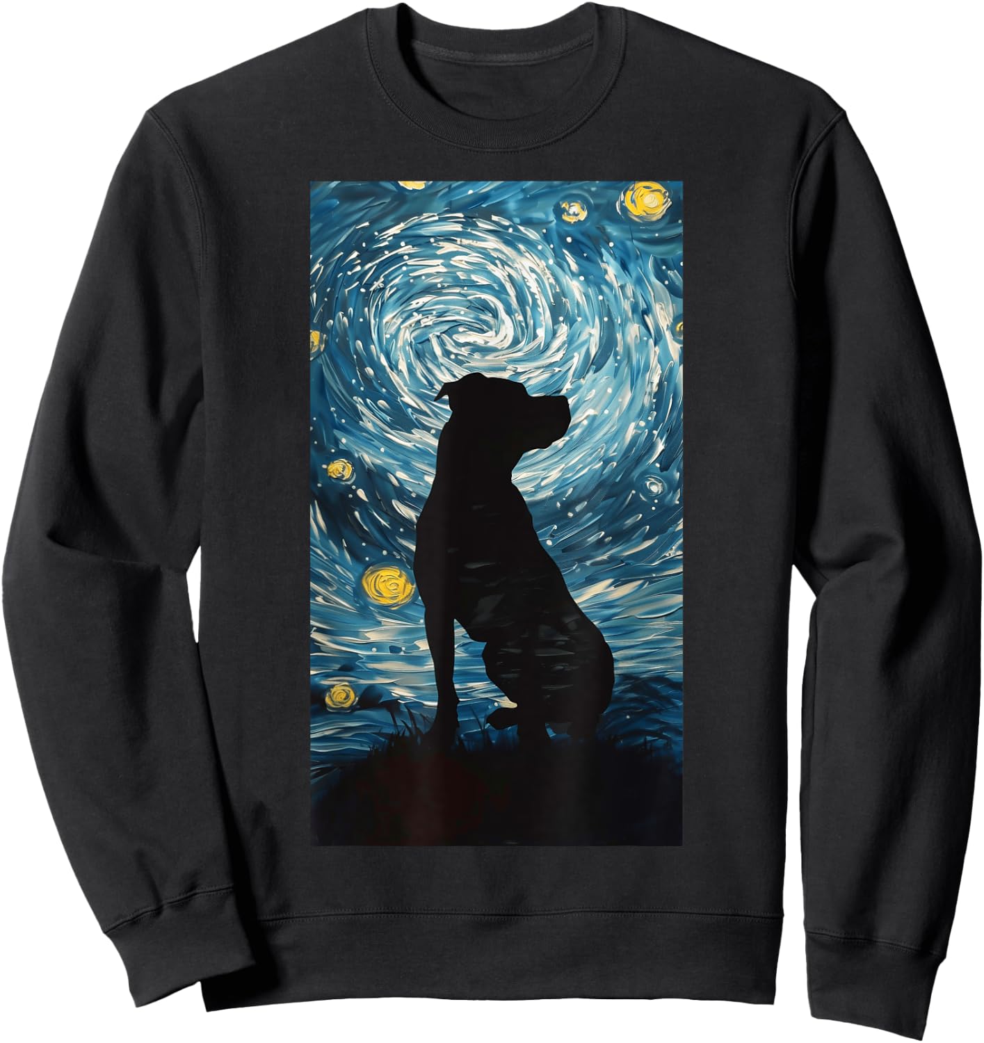 Silhouette Pitbull Against Dog Starry night Sweatshirt - Sweatshirt | Black