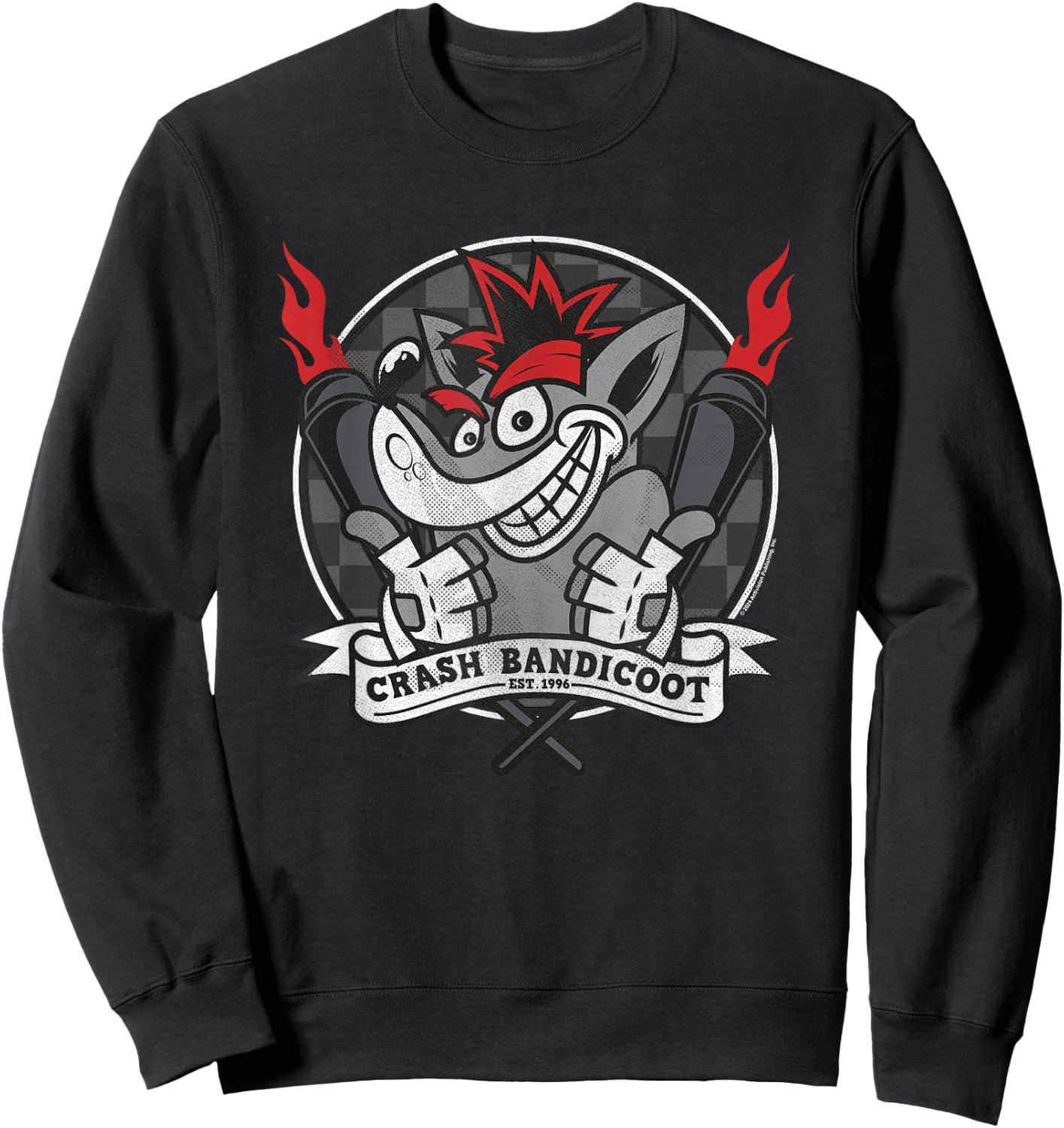Crash Bandicoot Est 1996 Checkerboard Retro Big Chest Poster Sweatshirt - Sweatshirt | Black