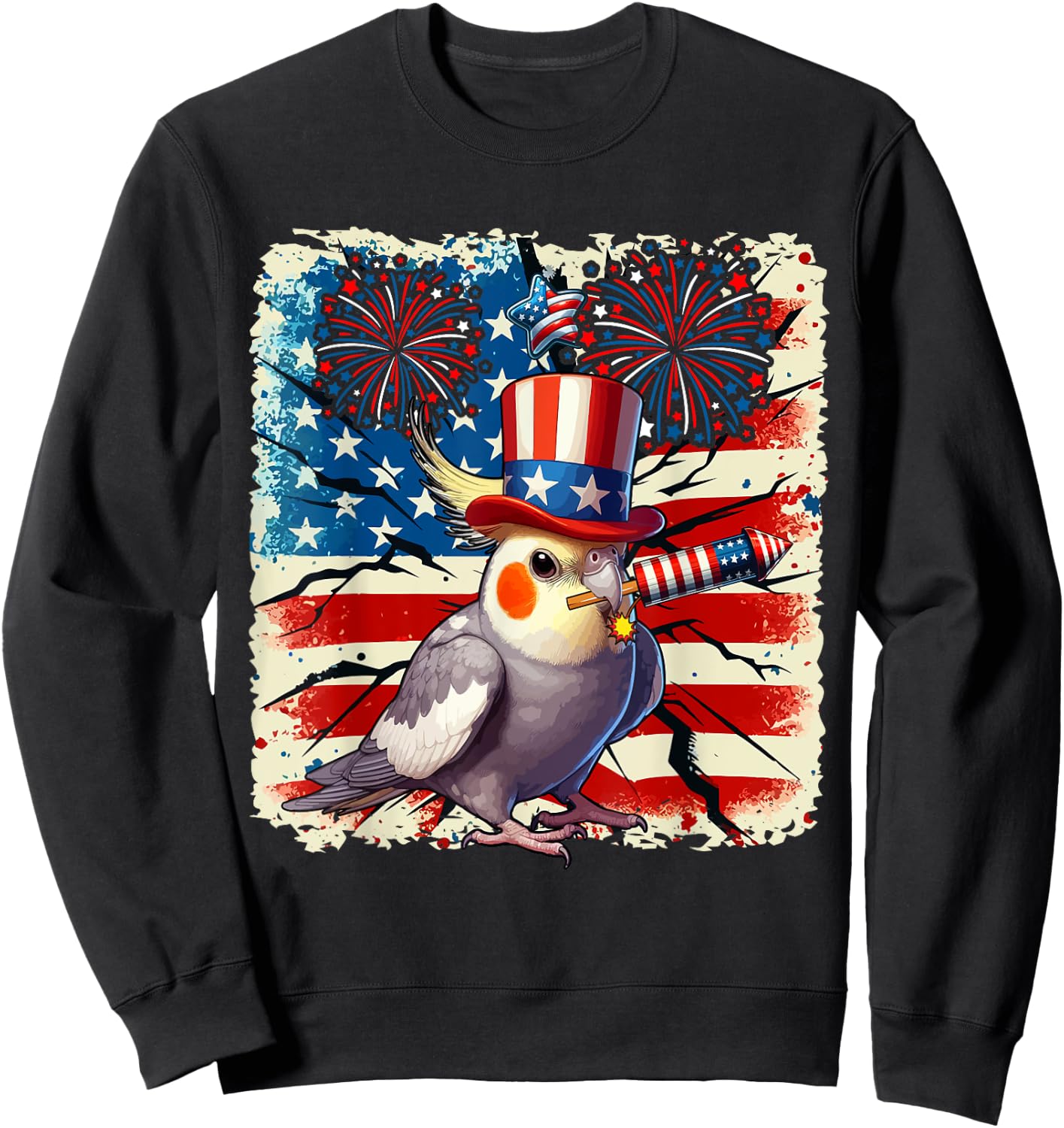 4th Of July US Flag Fireworks Cockatiel Costume Bird Lover Sweatshirt - Sweatshirt | Black