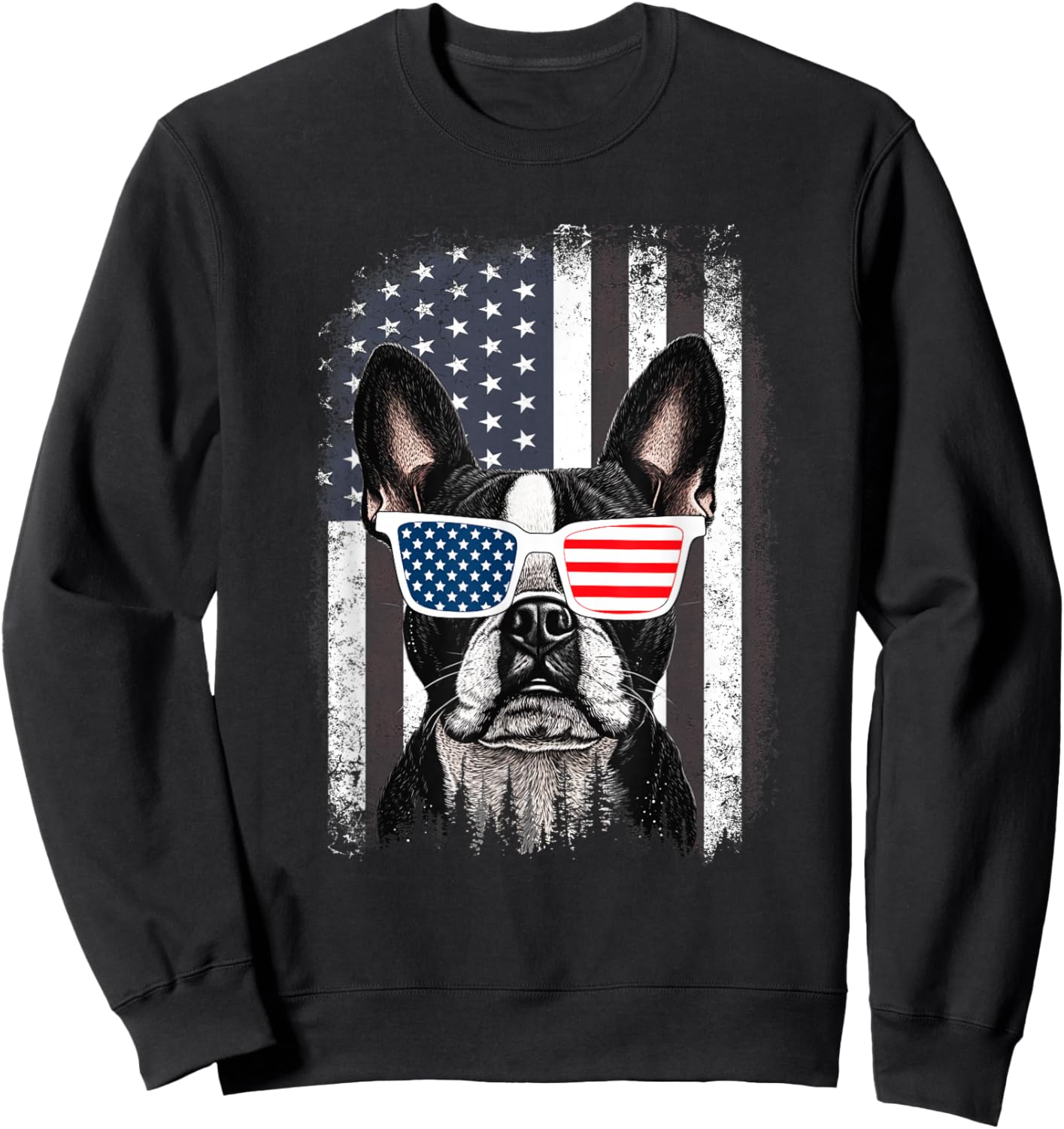 Boston Terrier Dog American Flag 4th of July Sunglasses Sweatshirt - Sweatshirt | Black