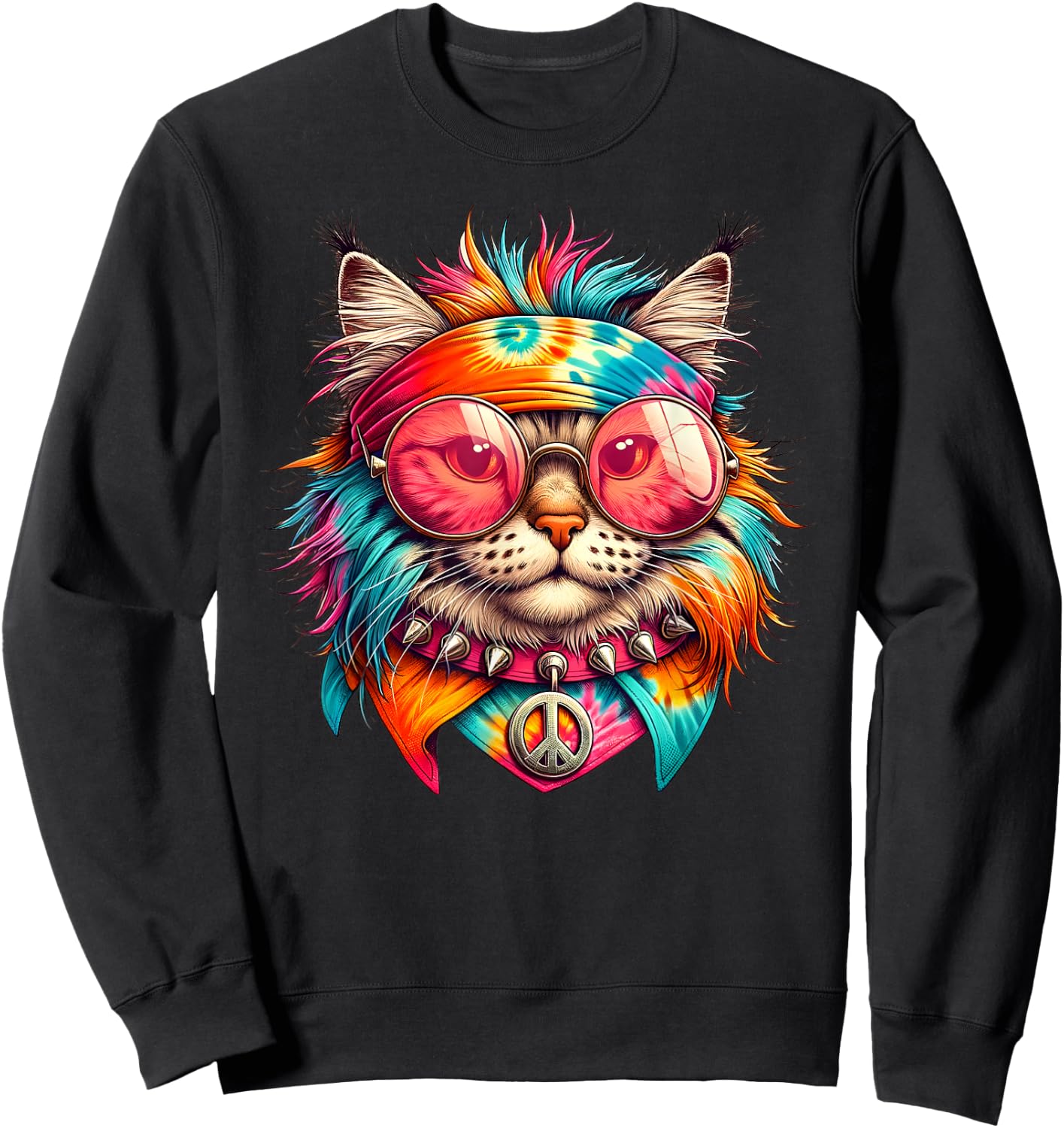 Psychedelic Peace Cat Colorful Hippie Retro Groovy Vibes Sweatshirt - Sweatshirt | Black