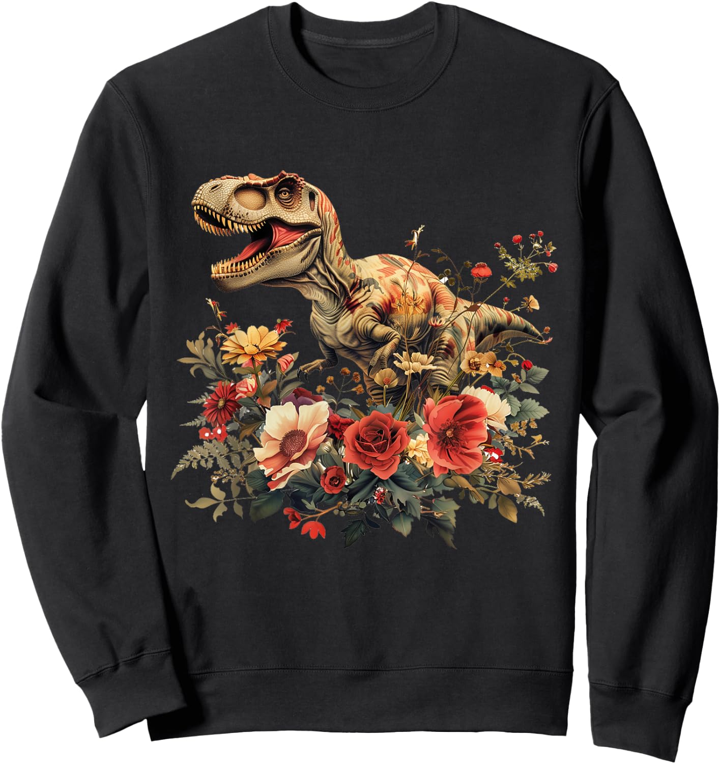 Trex Dinosaur Dino Floral Flower Sweatshirt - Sweatshirt | Black