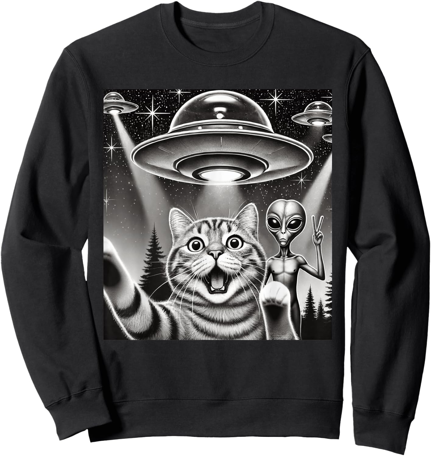 Funny Cat Selfie with UFO Alien Abduction Extraterrestrial Sweatshirt - Sweatshirt | Black