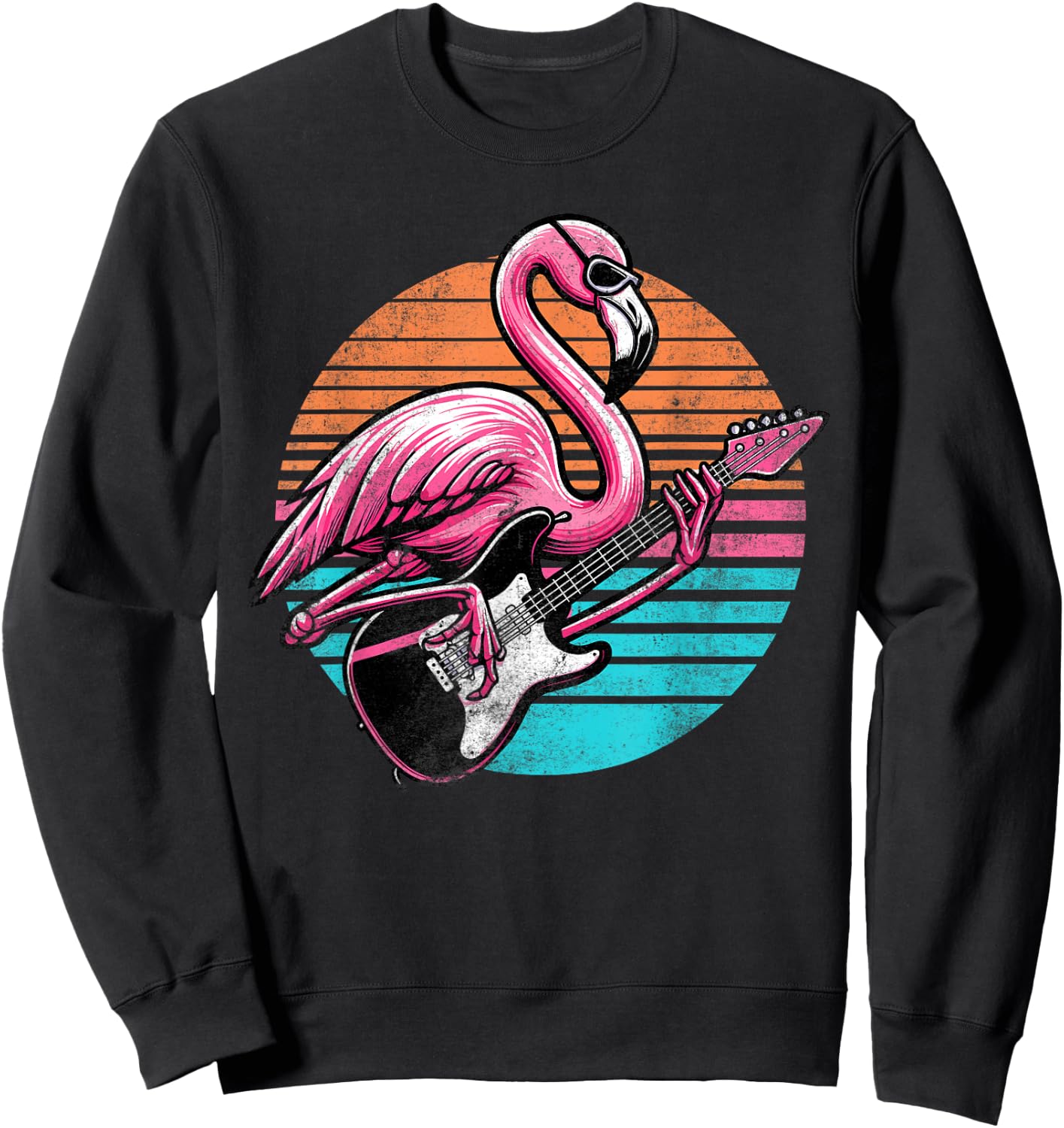Vintage Style Flamingo Playing Guitar Rock And Roll Retro Sweatshirt - Sweatshirt | Black