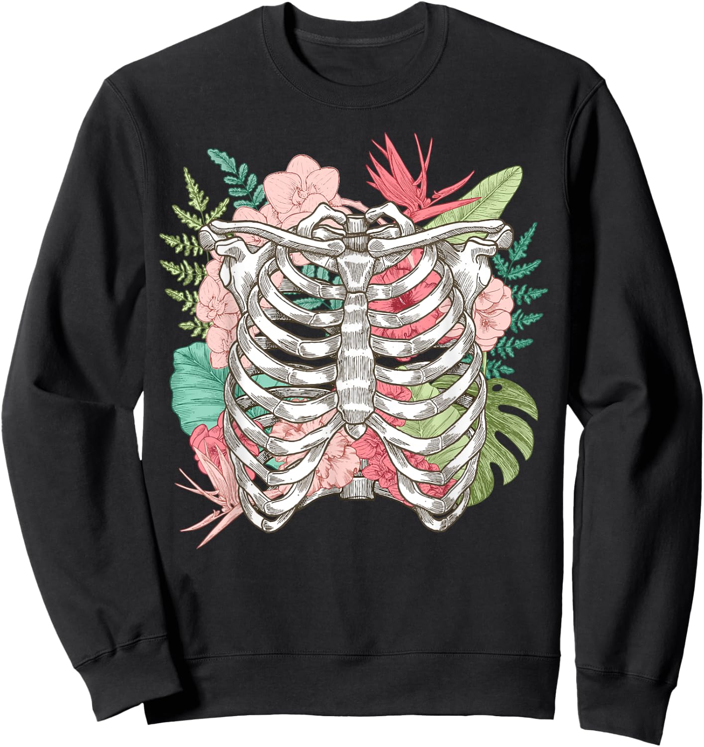 Skeleton Flowers Rib Cage X-Ray Funny Halloween Sweatshirt - Sweatshirt | Black
