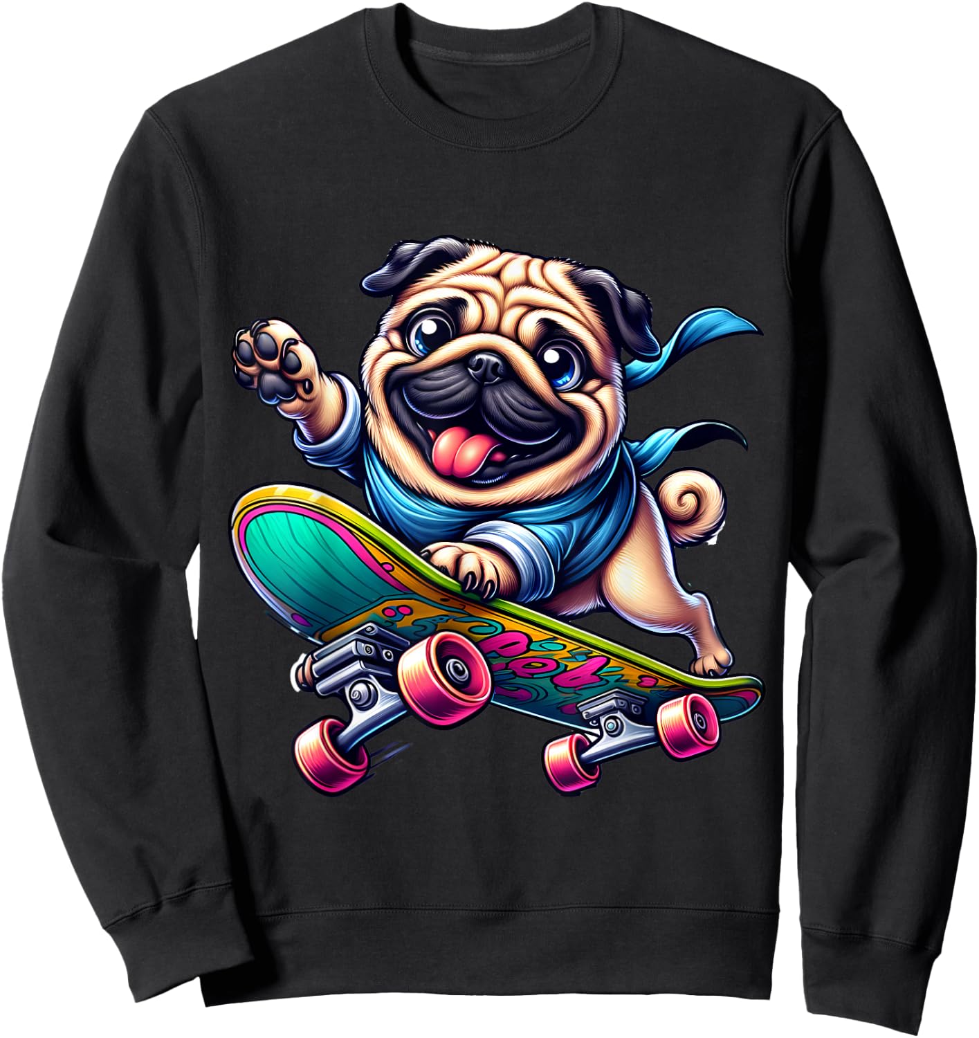 Pug on a Skateboard Sweatshirt - Sweatshirt | Black