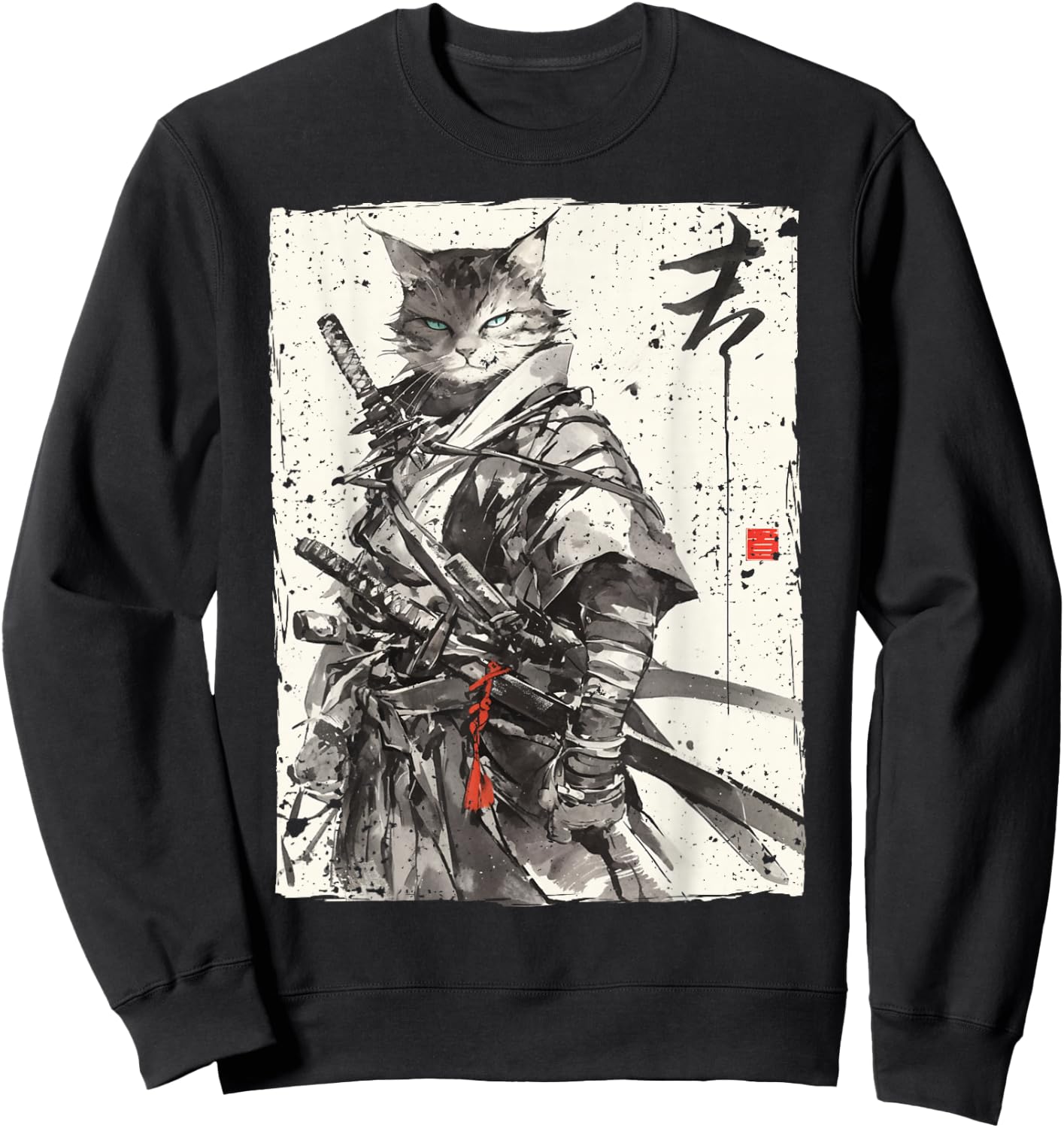Samurai Cat Warrior Ukiyo Ink Artwork Cat Samurai Sweatshirt - Sweatshirt | Black