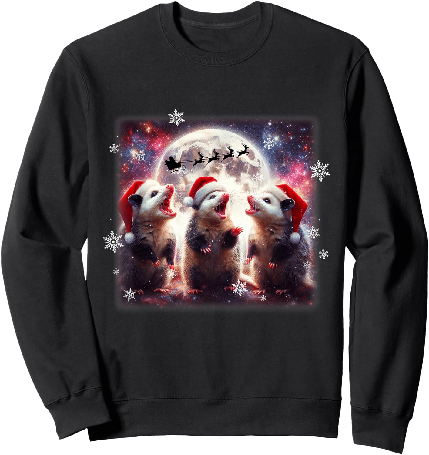 Howling Opossums Under the Moon Funny Weird Meme Christmas Sweatshirt - Sweatshirt | Black