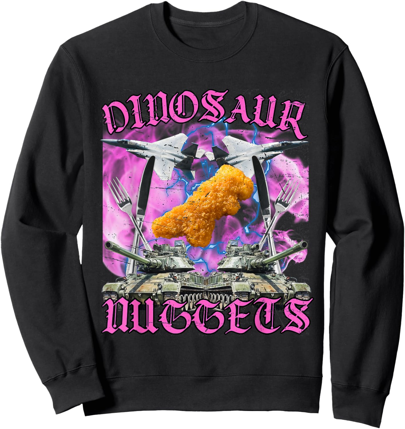 Funny Dinosaur Chicken Nugget Bootleg Hardcore Flames Meme Sweatshirt - Sweatshirt | Black
