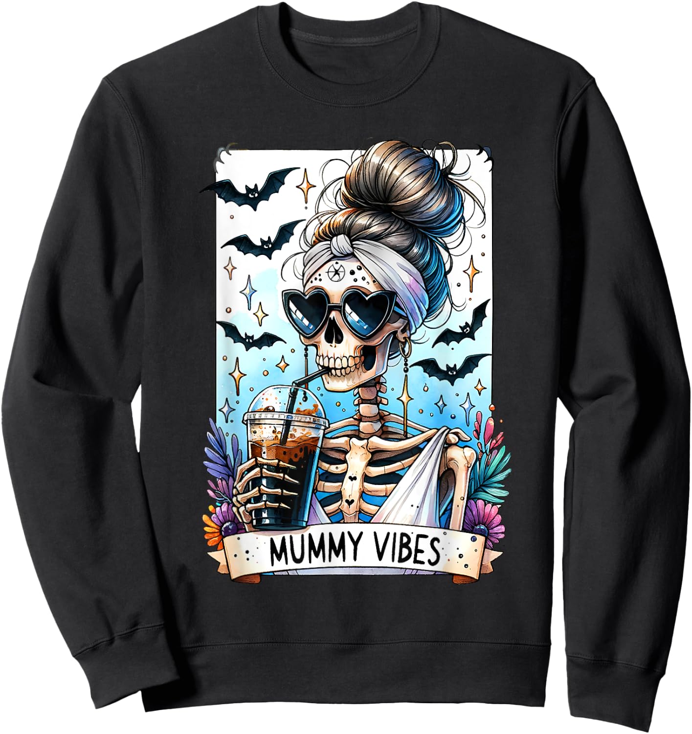 Tarot Card Mummy Vibes Spooky Season Skeleton Mom Halloween Sweatshirt - Sweatshirt | Black