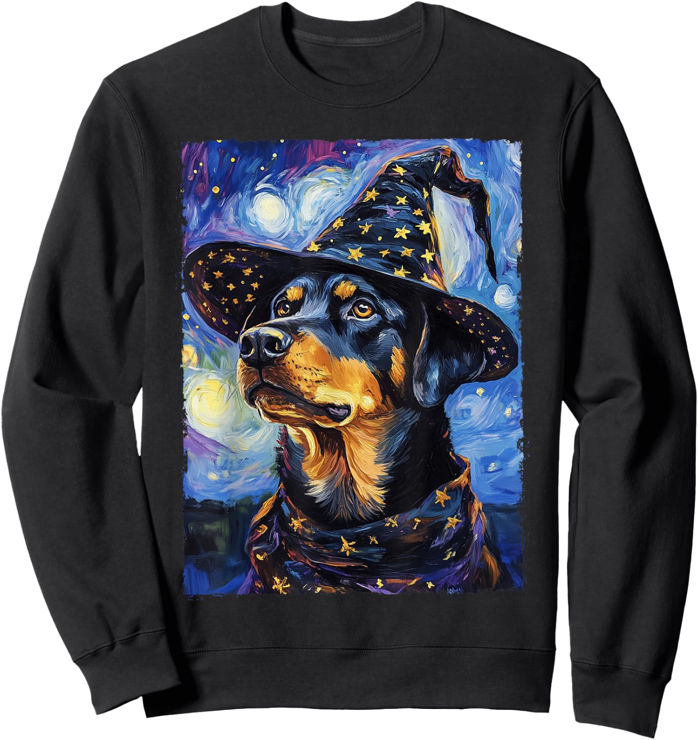 Rottweiler Witch Costume Painting Starry Night Dog Men Women Kids Sweatshirt - Sweatshirt | Black