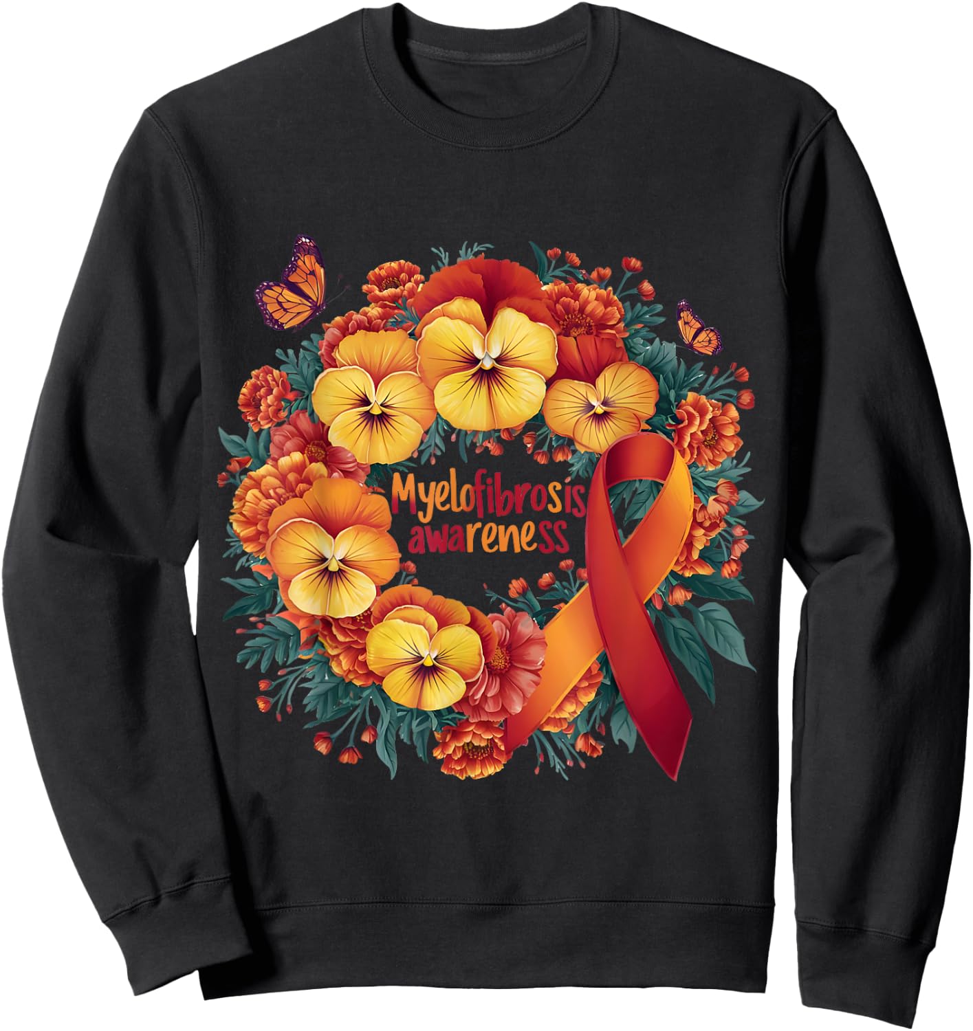 Myelofibrosis Awareness orange and red floral and ribbon Sweatshirt - Sweatshirt | Black