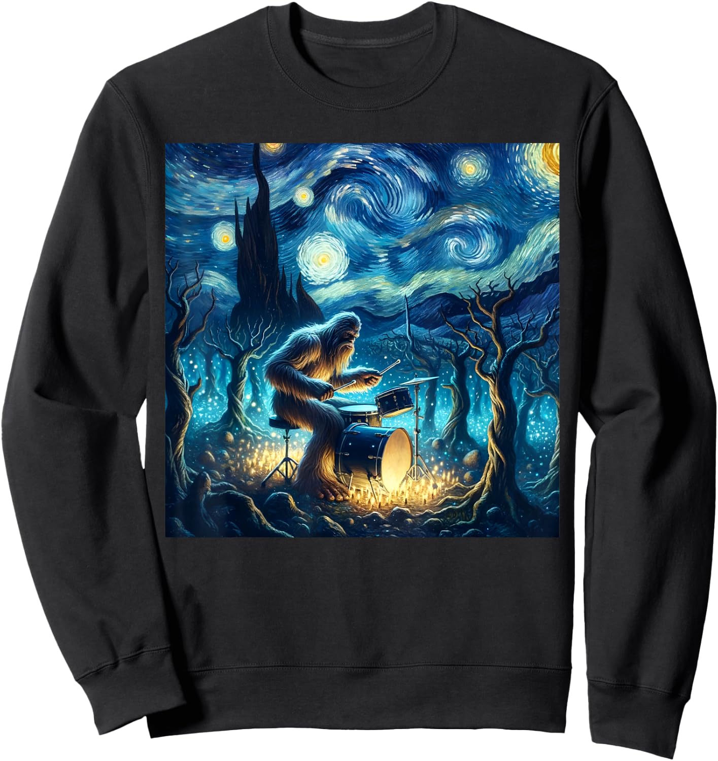 Bigfoot Playing Drums Starry Night Van Gogh Drummer Boys Men Sweatshirt - Sweatshirt | Black