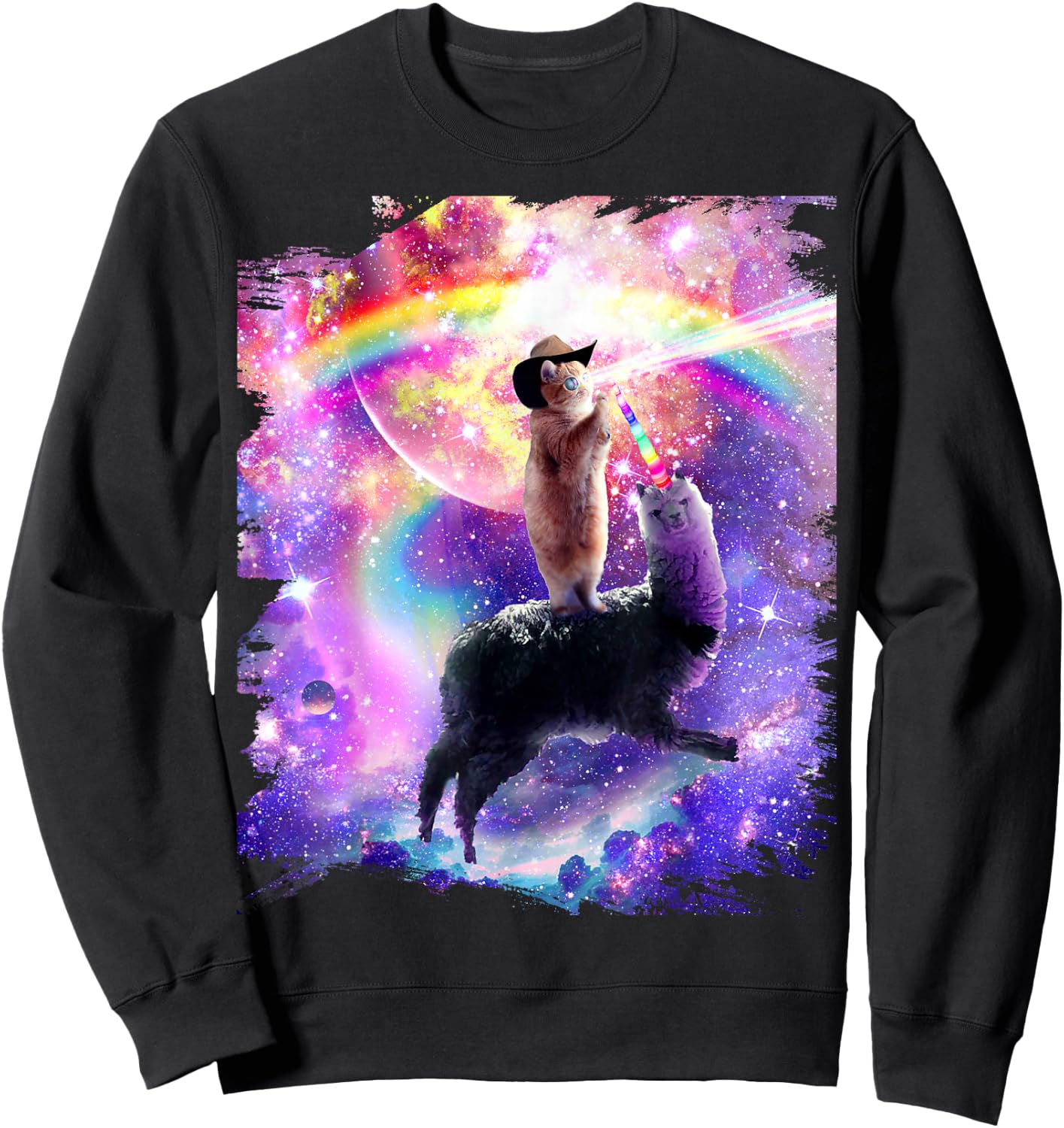 Laser Galaxy Space Cat on Rainbow Llama Unicorn Sweatshirt - Sweatshirt | Black