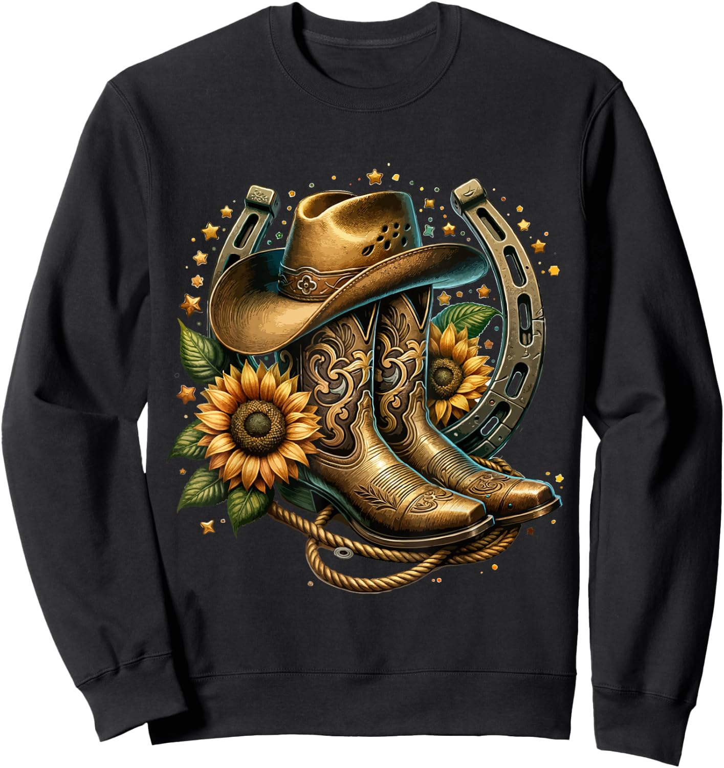 Vintage Rustic Western Country Cowboy Boot Art - Women's Western Themed Floral Boot, Rope & Hat - Black, Small Sweatshirt - Sweatshirt | Black