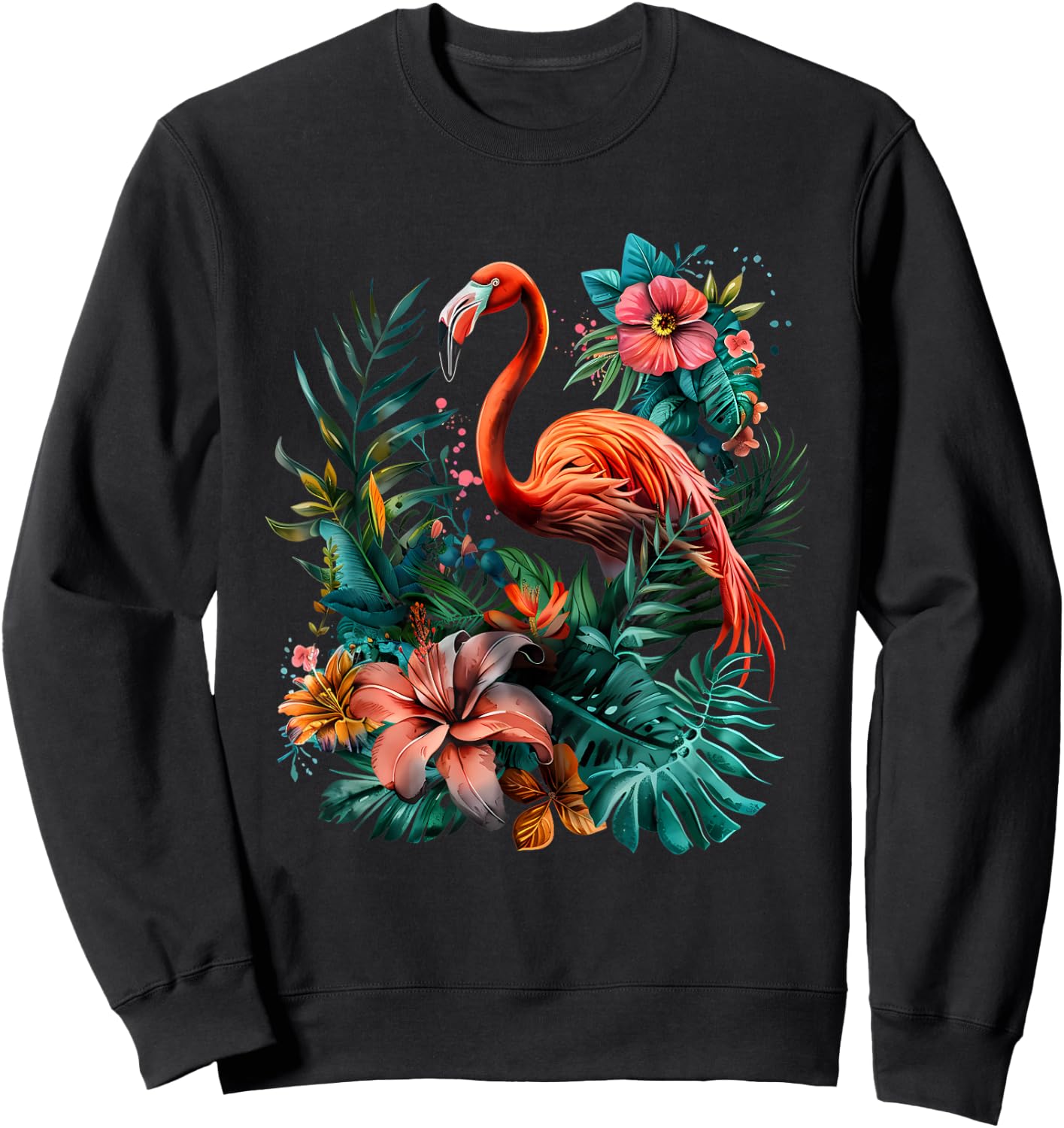 Pink Flamingo Bird Floral Artwork Nature Pink Flamingo Bird Sweatshirt - Sweatshirt | Black
