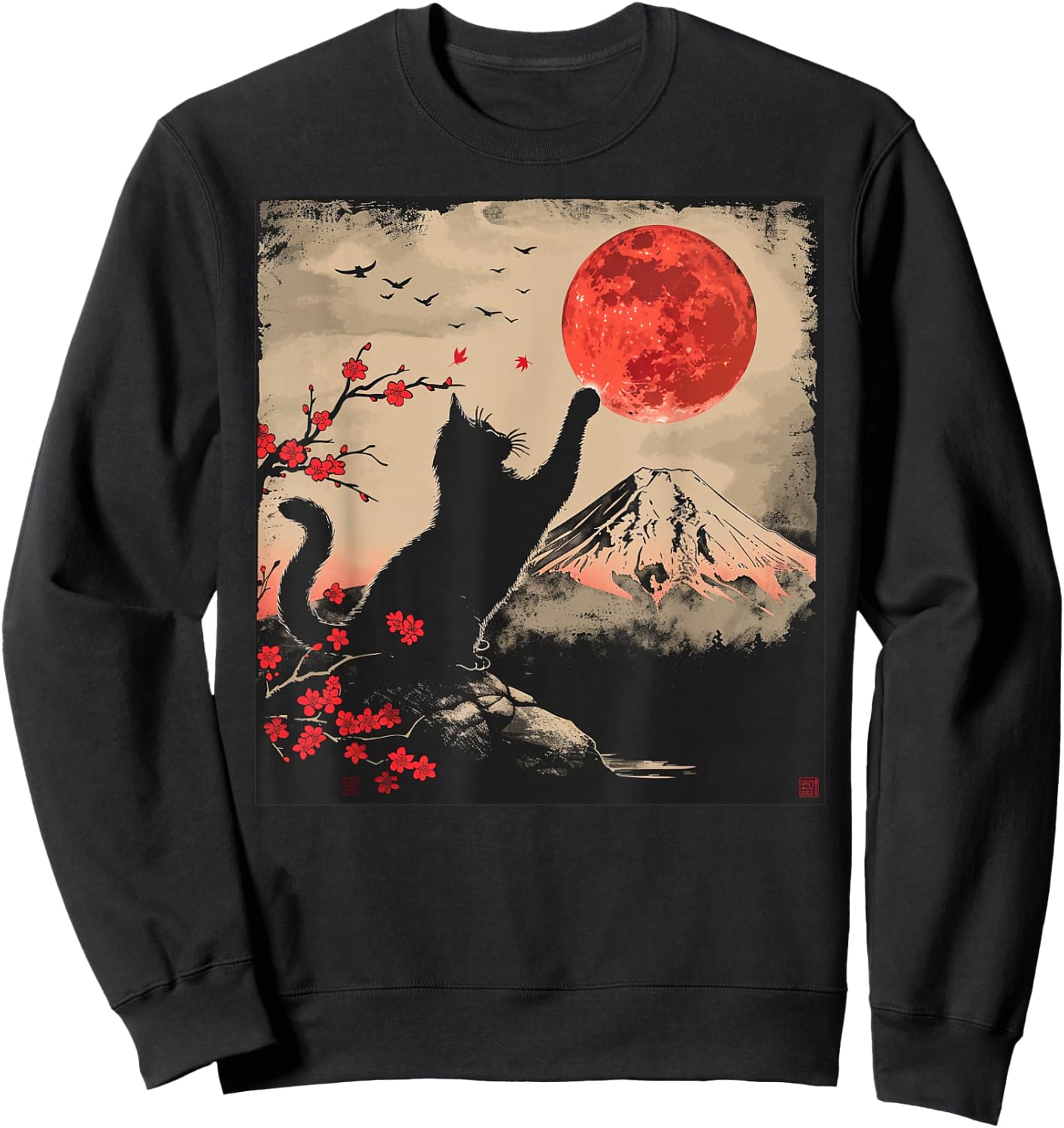 Vintage Japan Art Japanese Theme Retro Print Black Cat Sweatshirt - Sweatshirt | Black