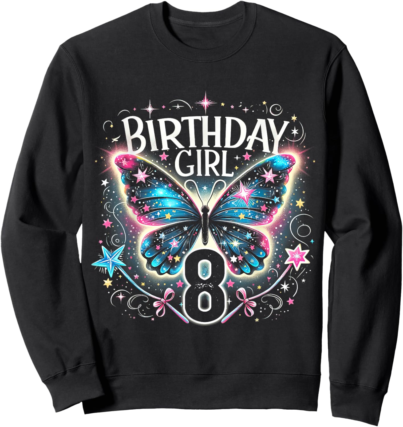 8th Birthday Girl Butterflies 8 Years Old Girls Butterfly Sweatshirt - Sweatshirt | Black