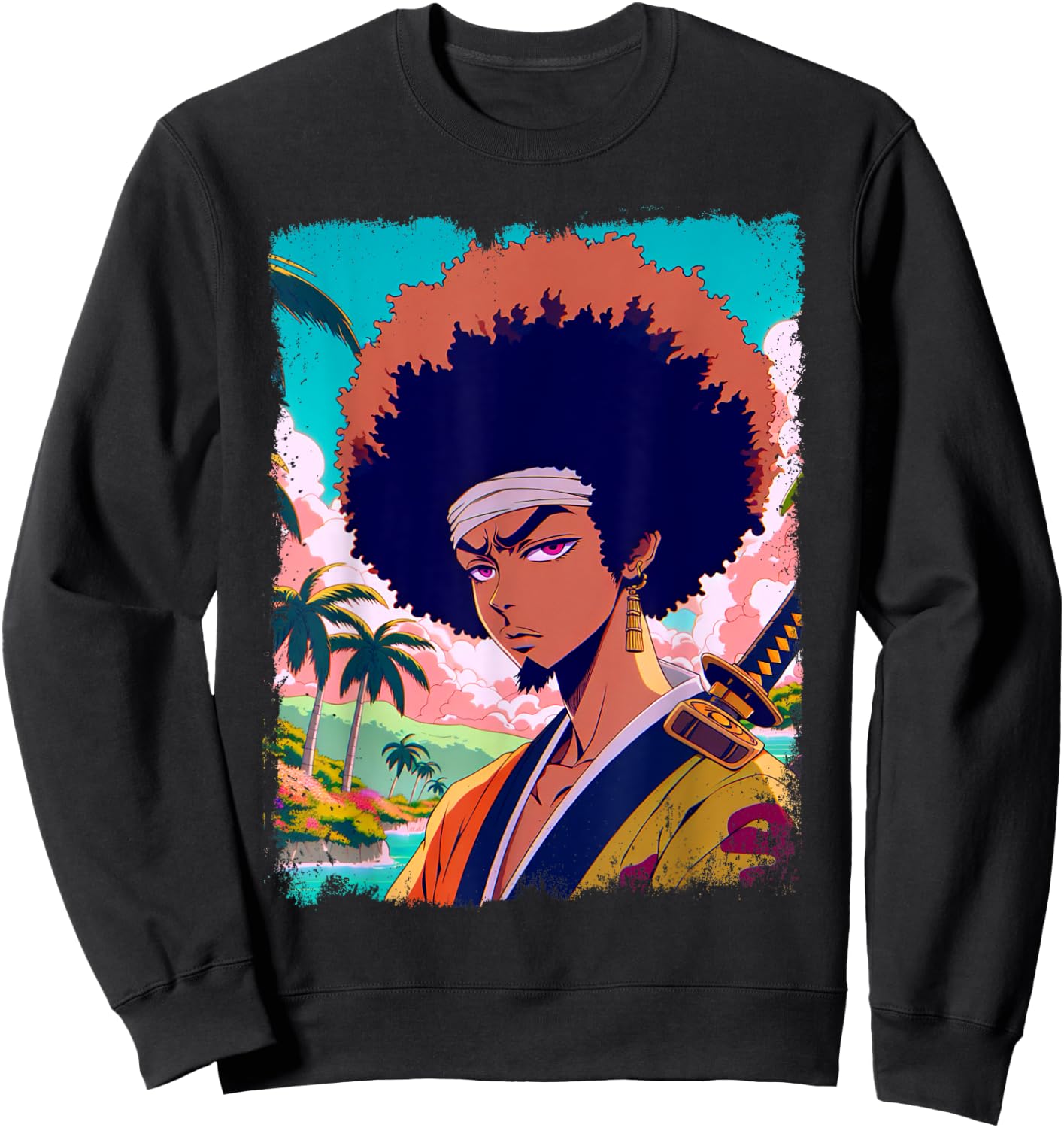 Afro-American Samurai Anime Manga Fighter Japanese Graphic Sweatshirt - Sweatshirt | Black