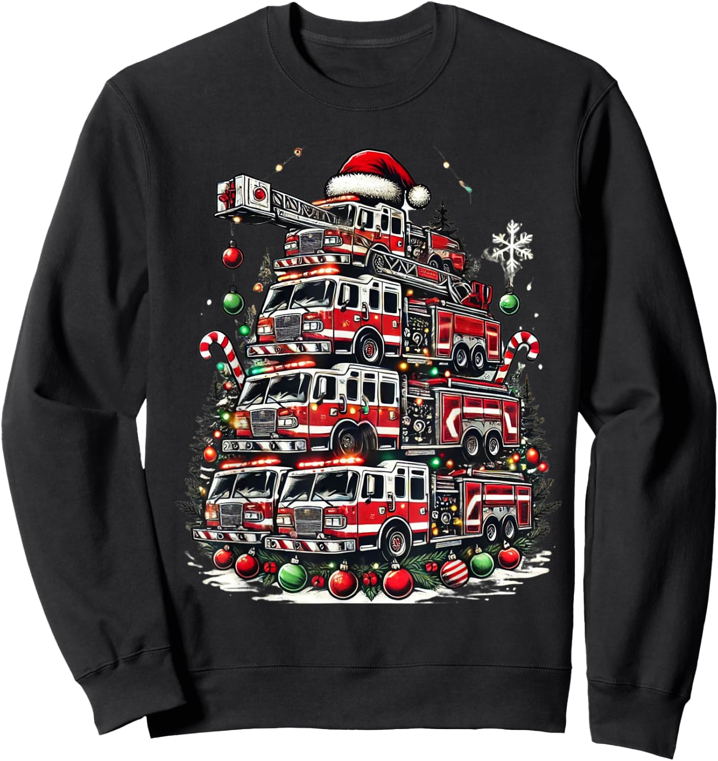 Firefighter Fire Truck Christmas Tree Lights Santa Fireman Sweatshirt - Sweatshirt | Black