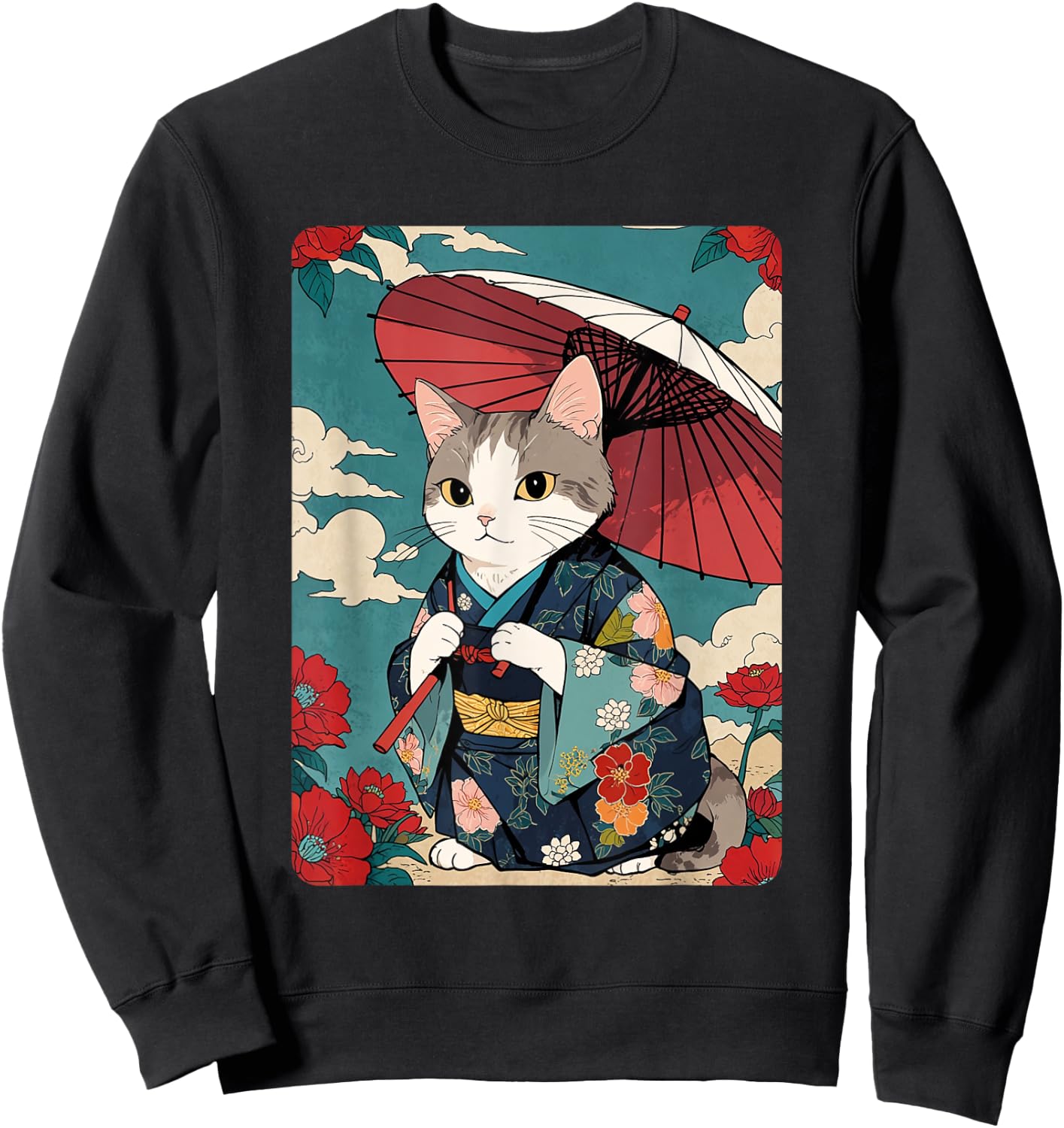 Cute Geisha Cat Japanese Cat Retro Neko Vintage Art Ukiyo-e Men Women Girls Kids Sweatshirt - Sweatshirt | Black