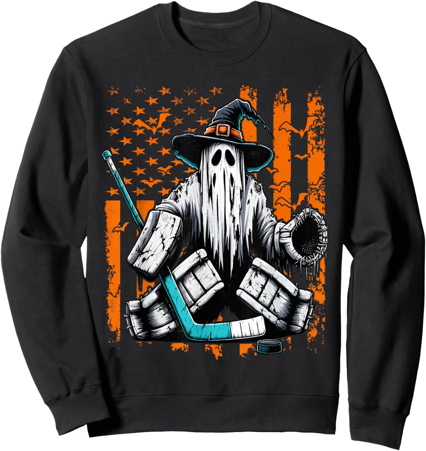 Hockey Goalie Ghost Halloween American Flag Ice Hockey Sweatshirt - Sweatshirt | Black