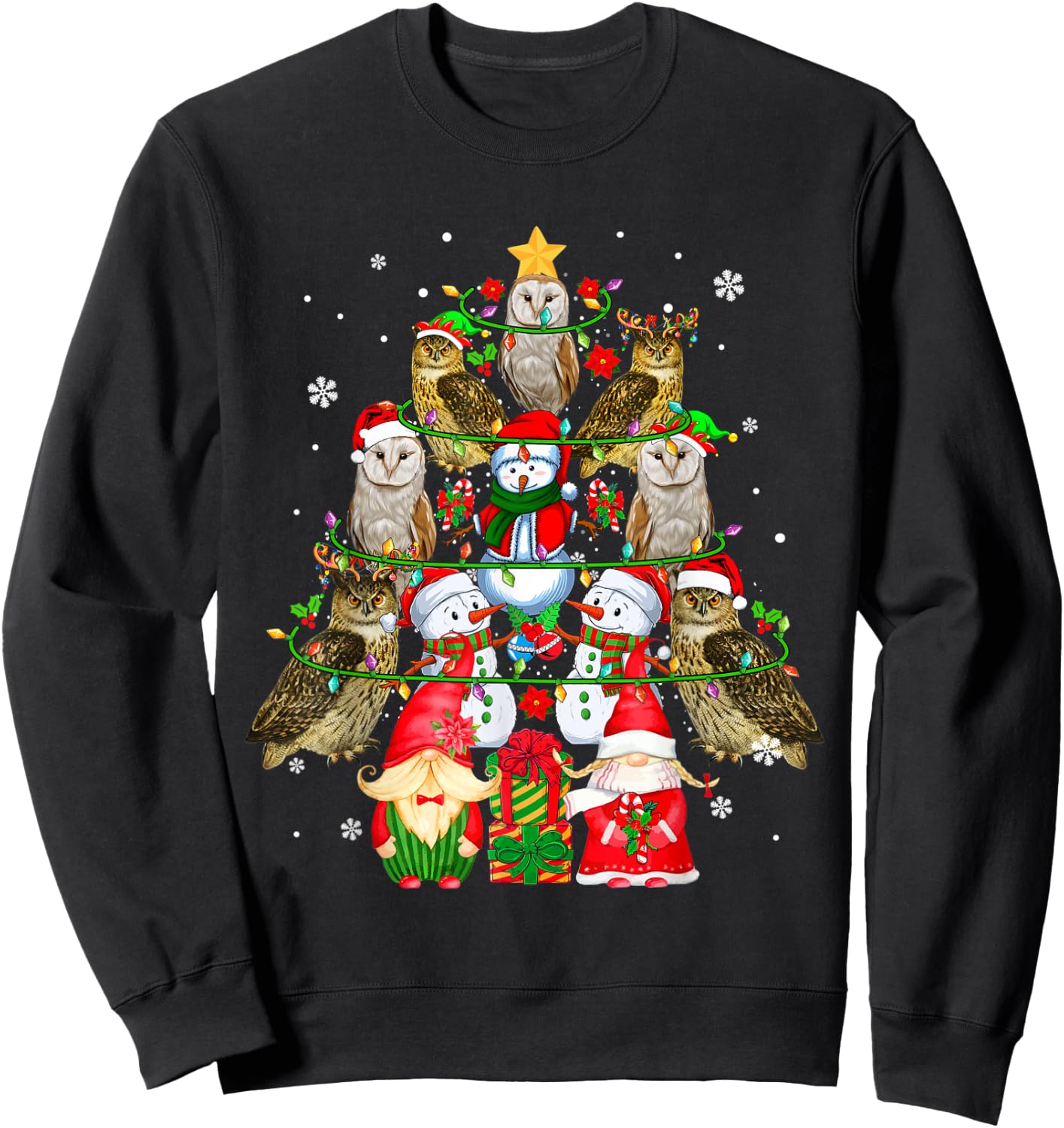 Group Santa Owls With Snowmen Gnomes As Xmas Tree Lover Sweatshirt - Sweatshirt | Black