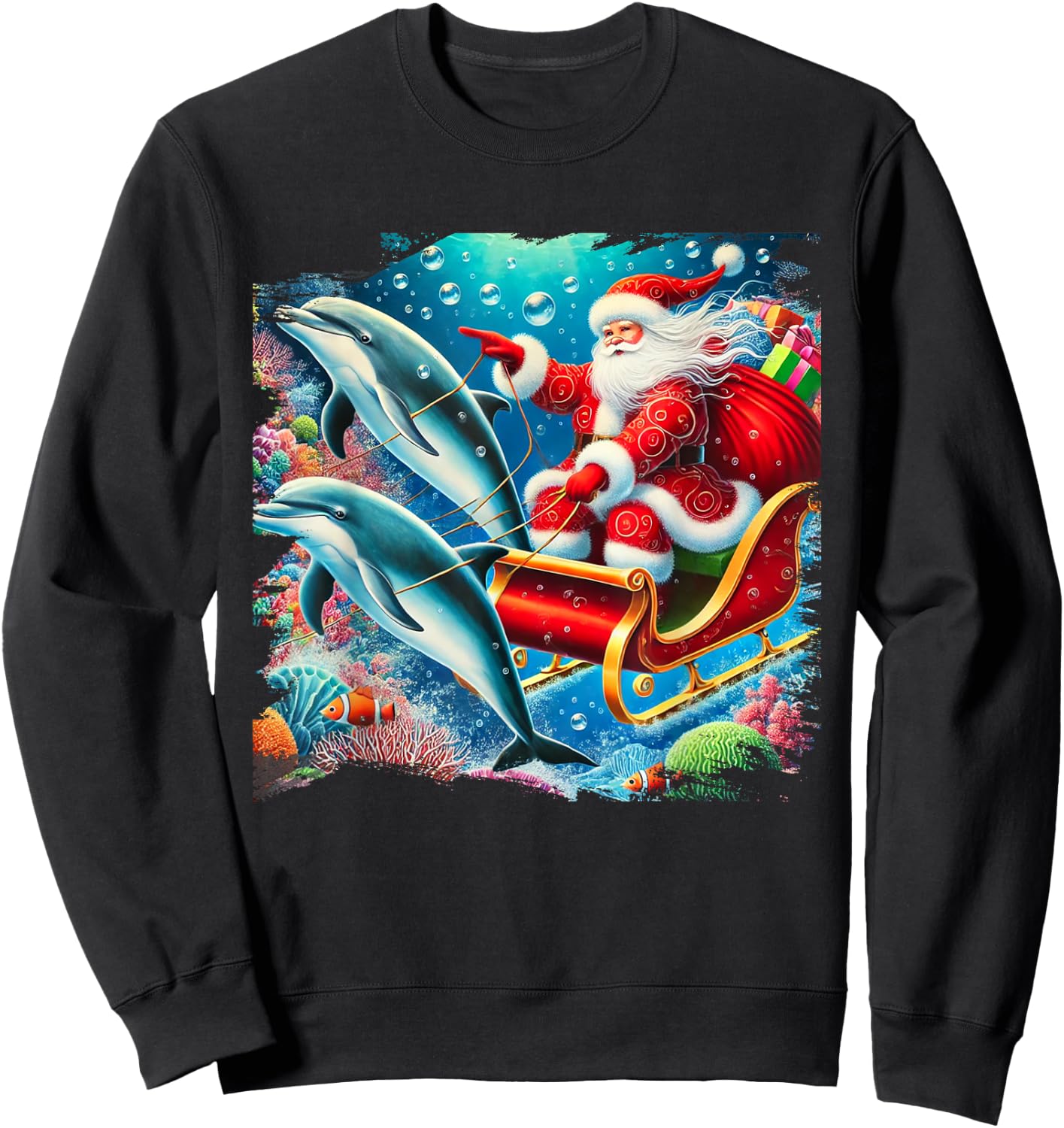 Santa Riding Dolphin Reindeer, Ocean Christmas Sweatshirt - Sweatshirt | Black