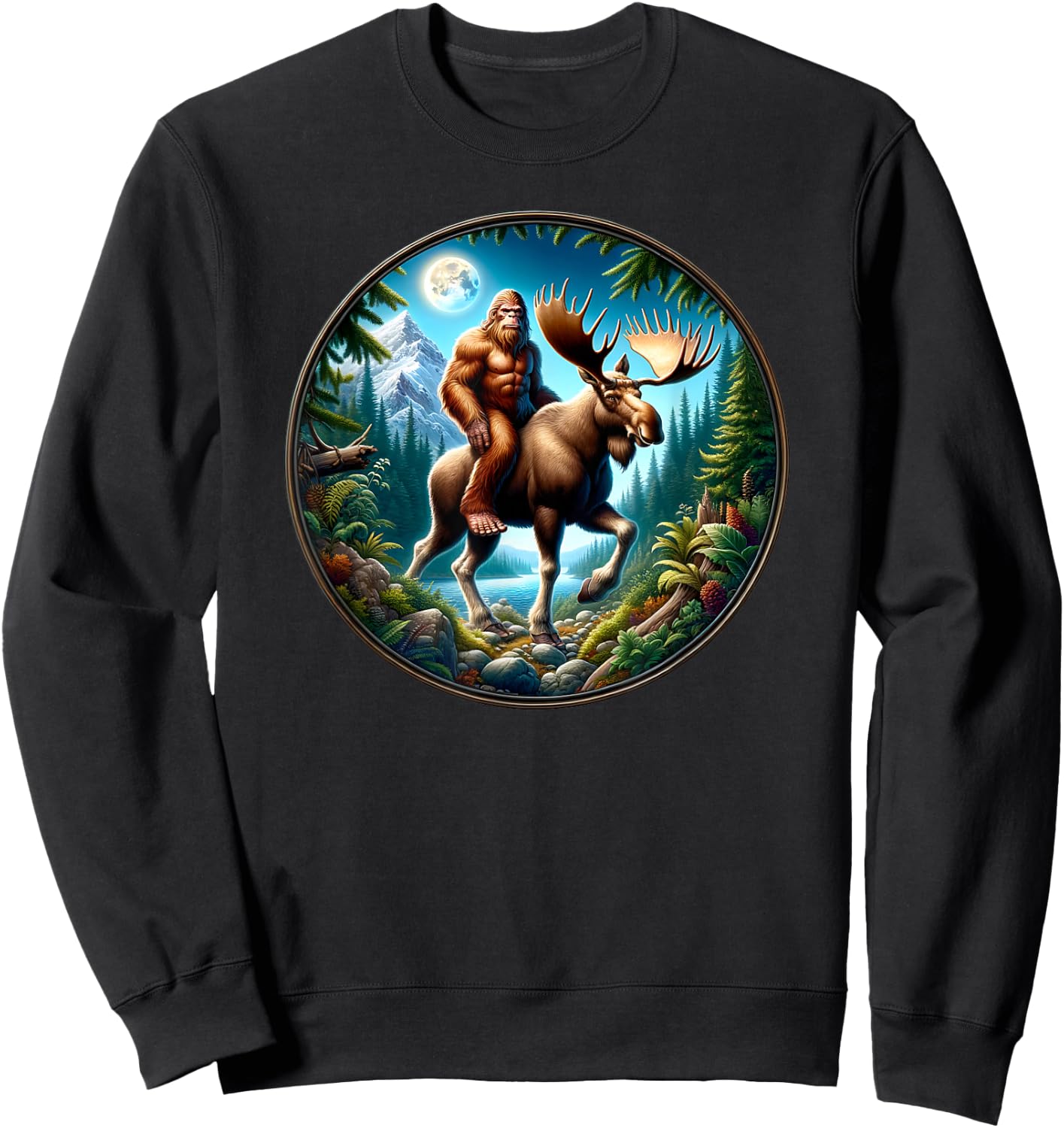 Bigfoot Riding a Moose, Sasquatch Cryptid Wilderness Sweatshirt - Sweatshirt | Black