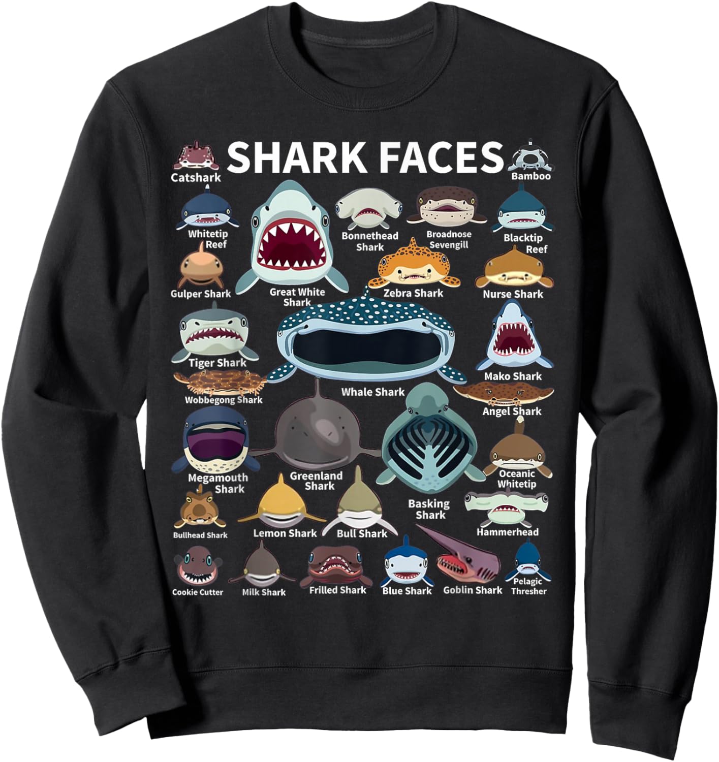 Shark Faces - Type of Shark - Shark Faces of All Kinds Sweatshirt - Sweatshirt | Black