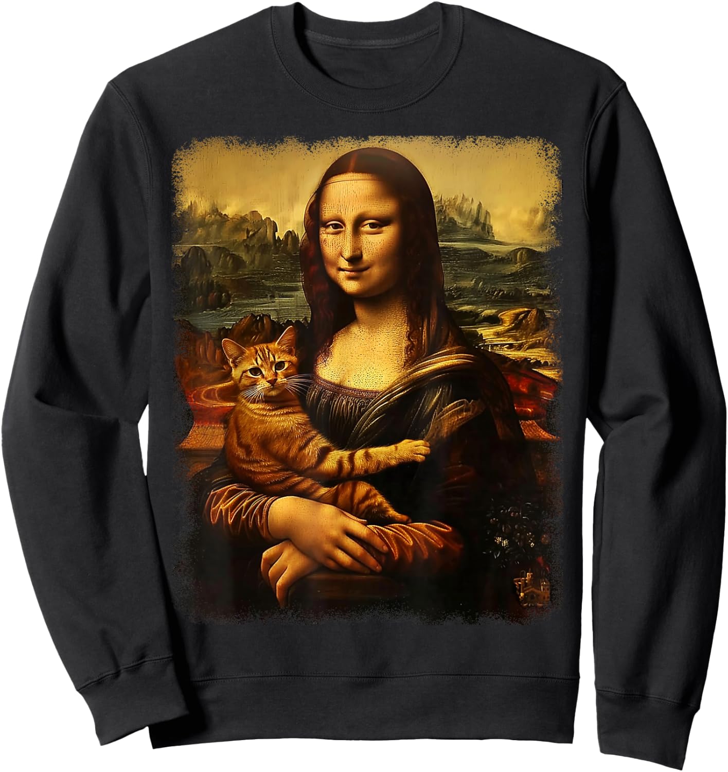 Mona Lisa With Cat Cat Print Black Small -Kids -Adults Short Sleeve Sweatshirt - Sweatshirt | Black