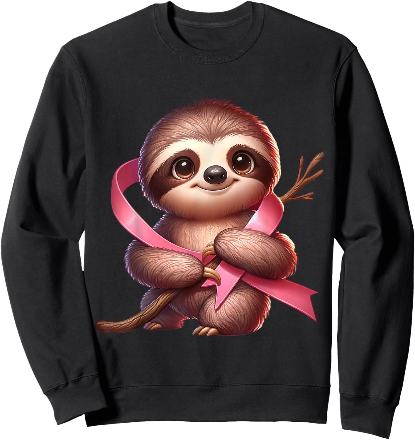 Breast Cancer Awareness Cute Sloth Pink Ribbon Animal Sweatshirt - Sweatshirt | Black