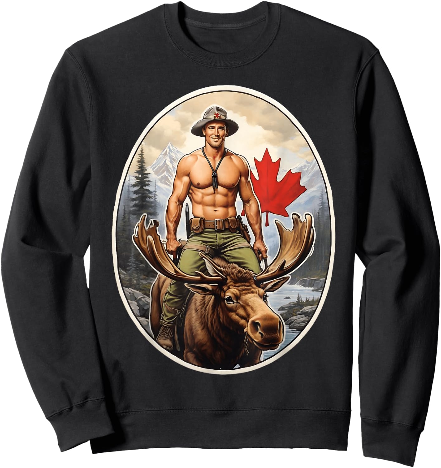 Canadian Mountie Adventure - Shirtless Rider Majestic Moose Sweatshirt - Sweatshirt | Black