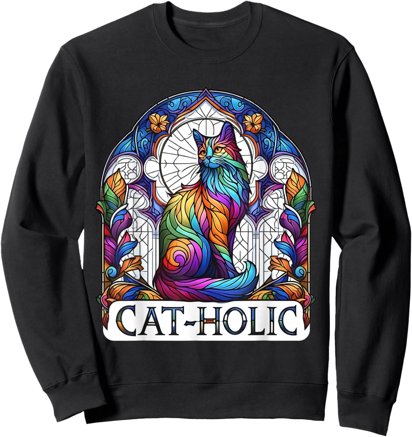 Cat-holic. Funny Catholic. Stained Glass Cat. Sweatshirt - Sweatshirt | Black