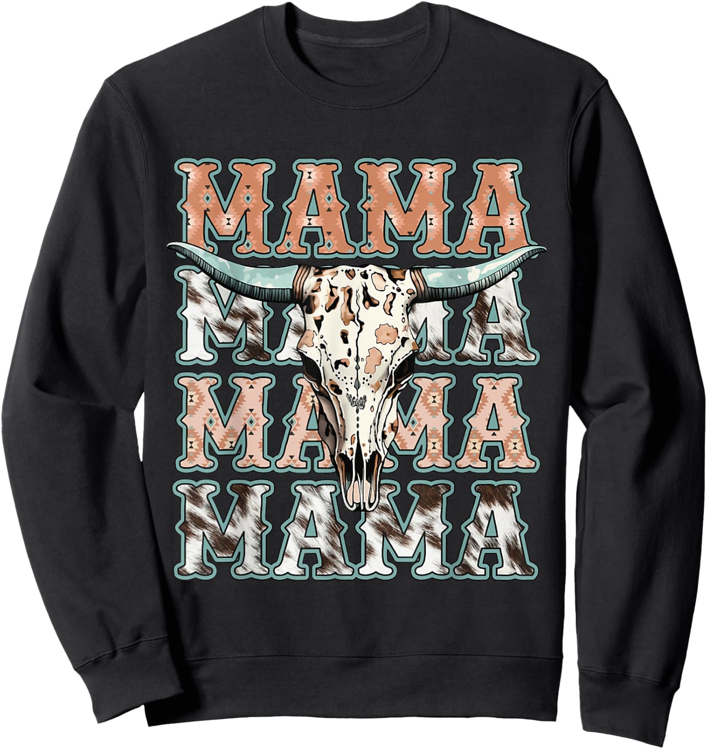 Mama Western Retro Groovy Cow Skull Country Rodeo Mother Day Sweatshirt - Sweatshirt | Black