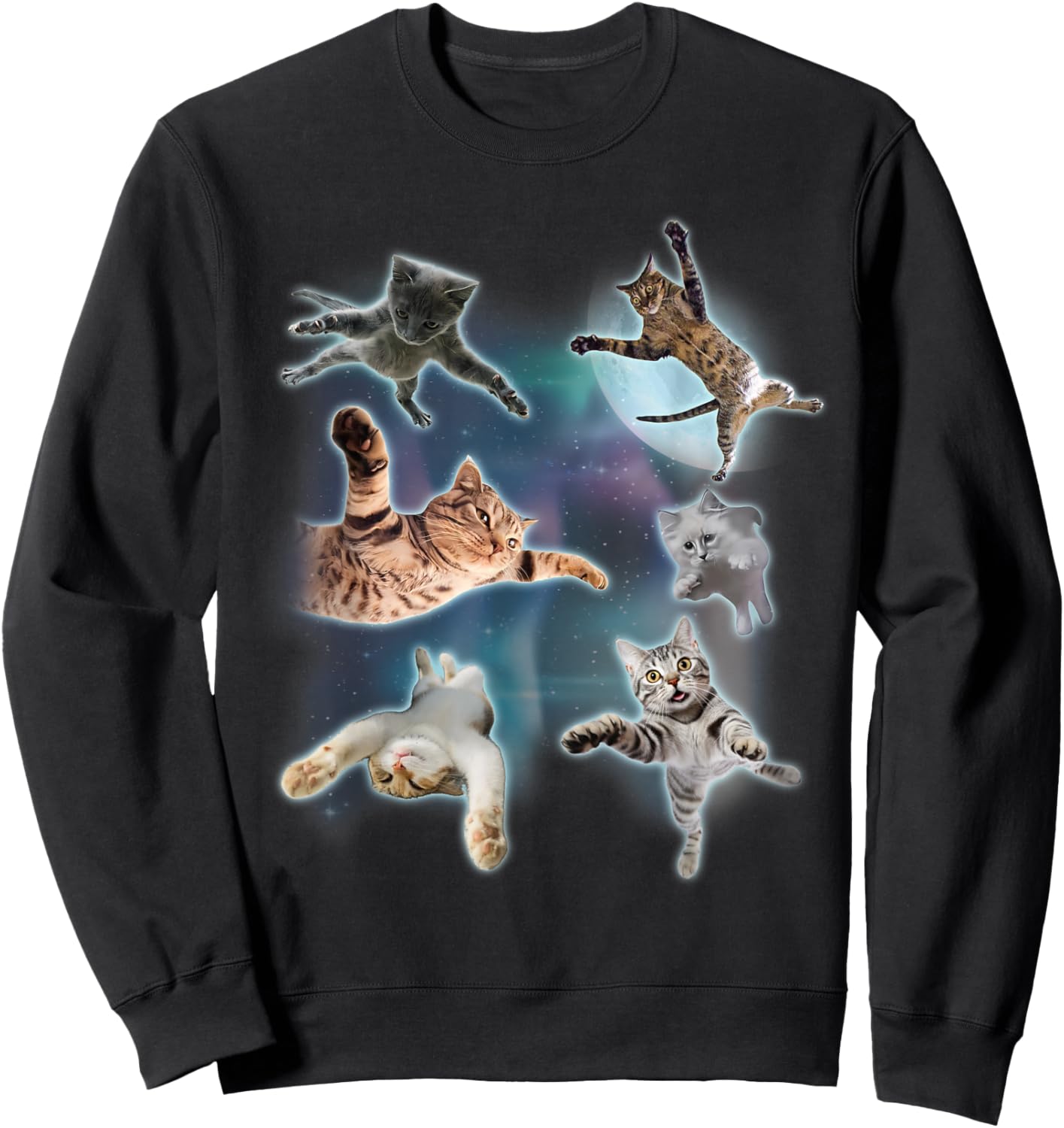 Cats Floating In Galaxy Graphic Vintage 90s Funny Cat Meme Women Kids Sweatshirt - Sweatshirt | Black
