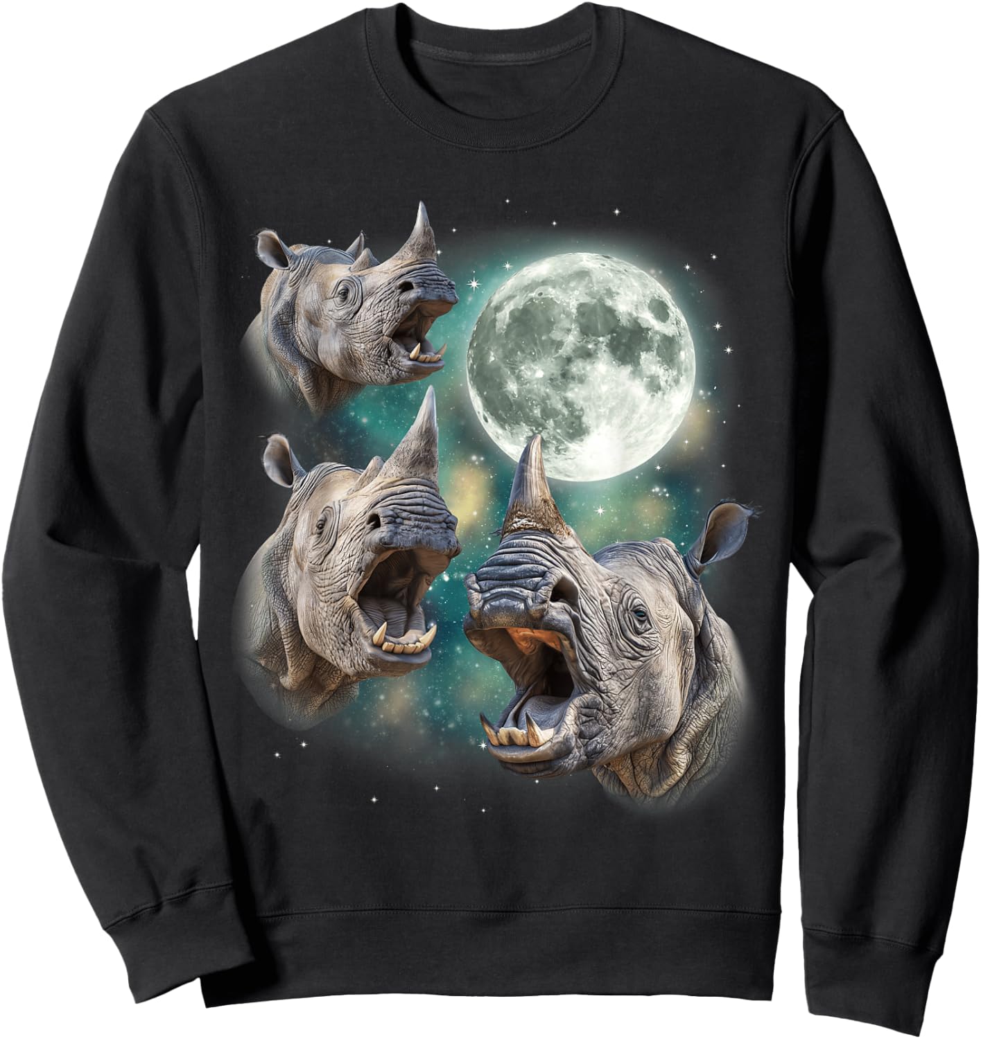 Three Rhino Moon | 3 Howling Rhinos Safari Animal Parody Sweatshirt - Sweatshirt | Black