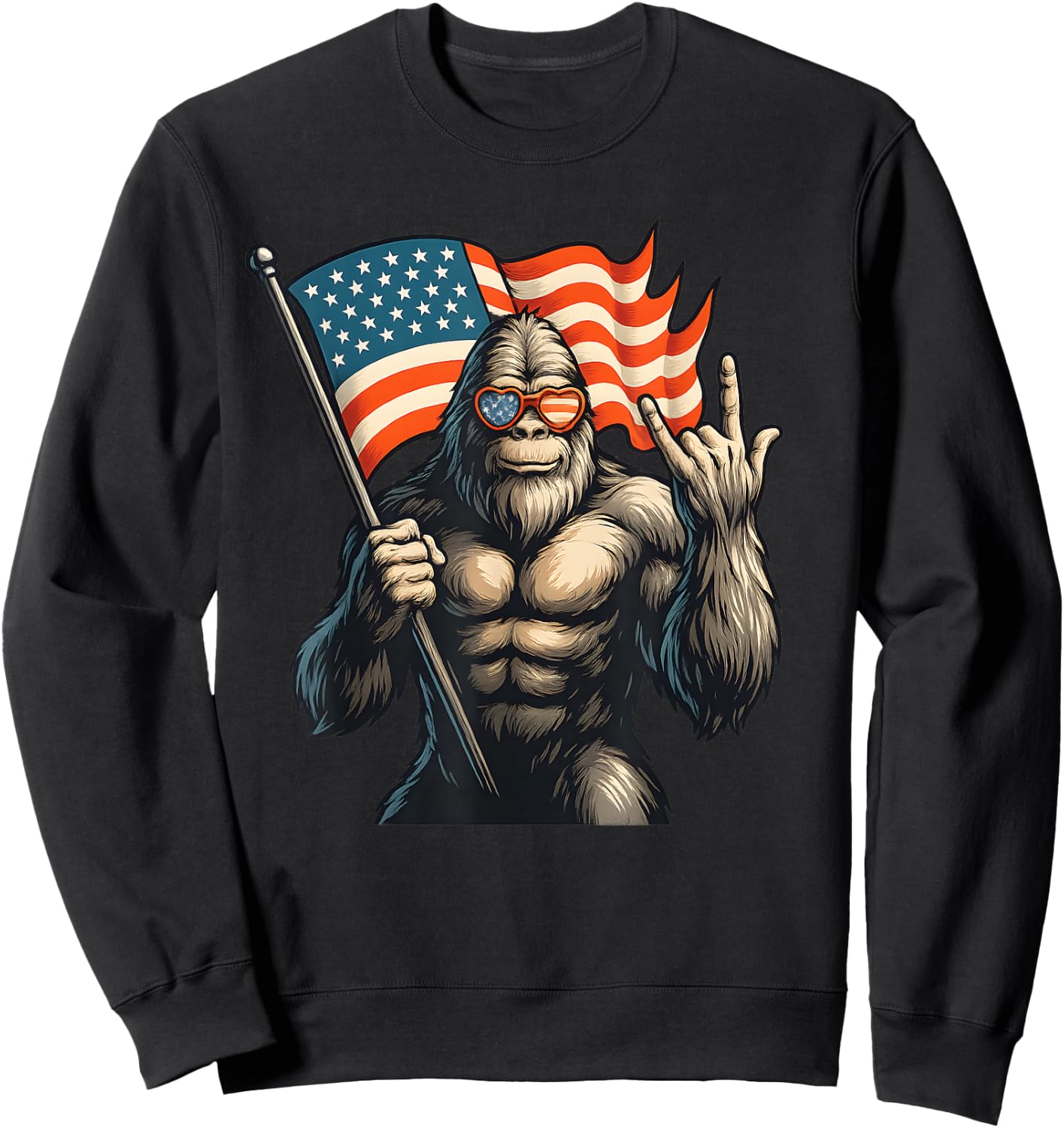 Patriotic Bigfoot Holding USA Flag Rock Hand Sunglasses Sweatshirt - Sweatshirt | Black