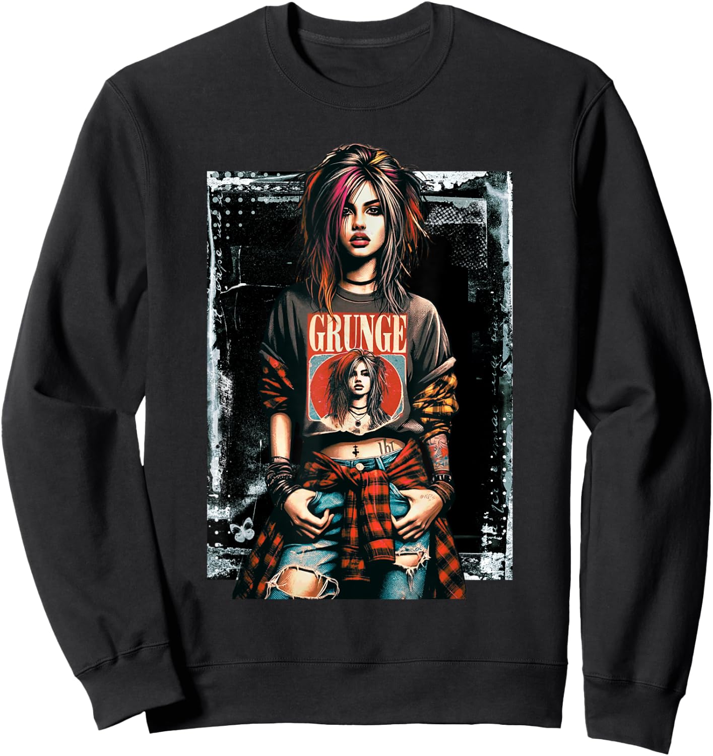 Punk Grunge Girl Graffiti 90s Retro Distressed Vintage Sweatshirt - Sweatshirt | Black