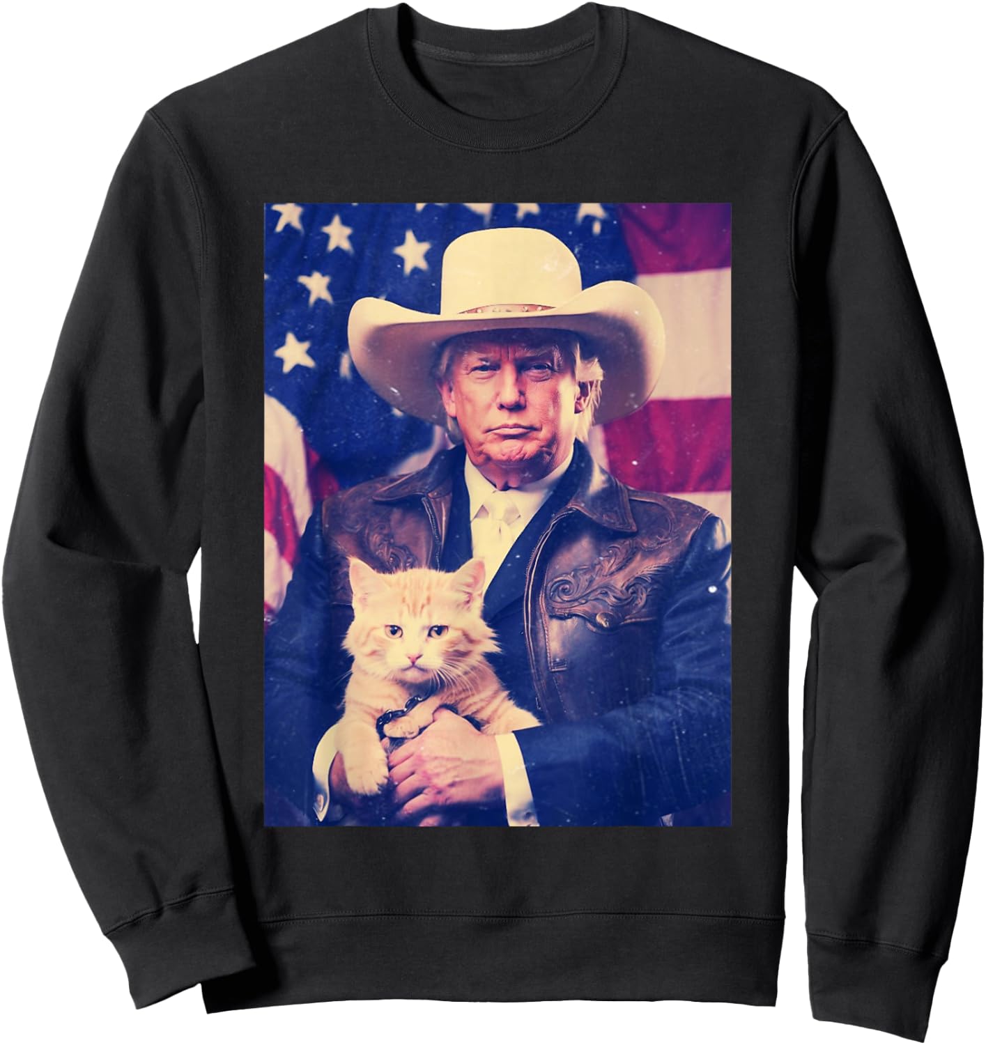 Trump Cat Shirt Funny Cowboy Donald Trump 2024 American Flag Sweatshirt - Sweatshirt | Black