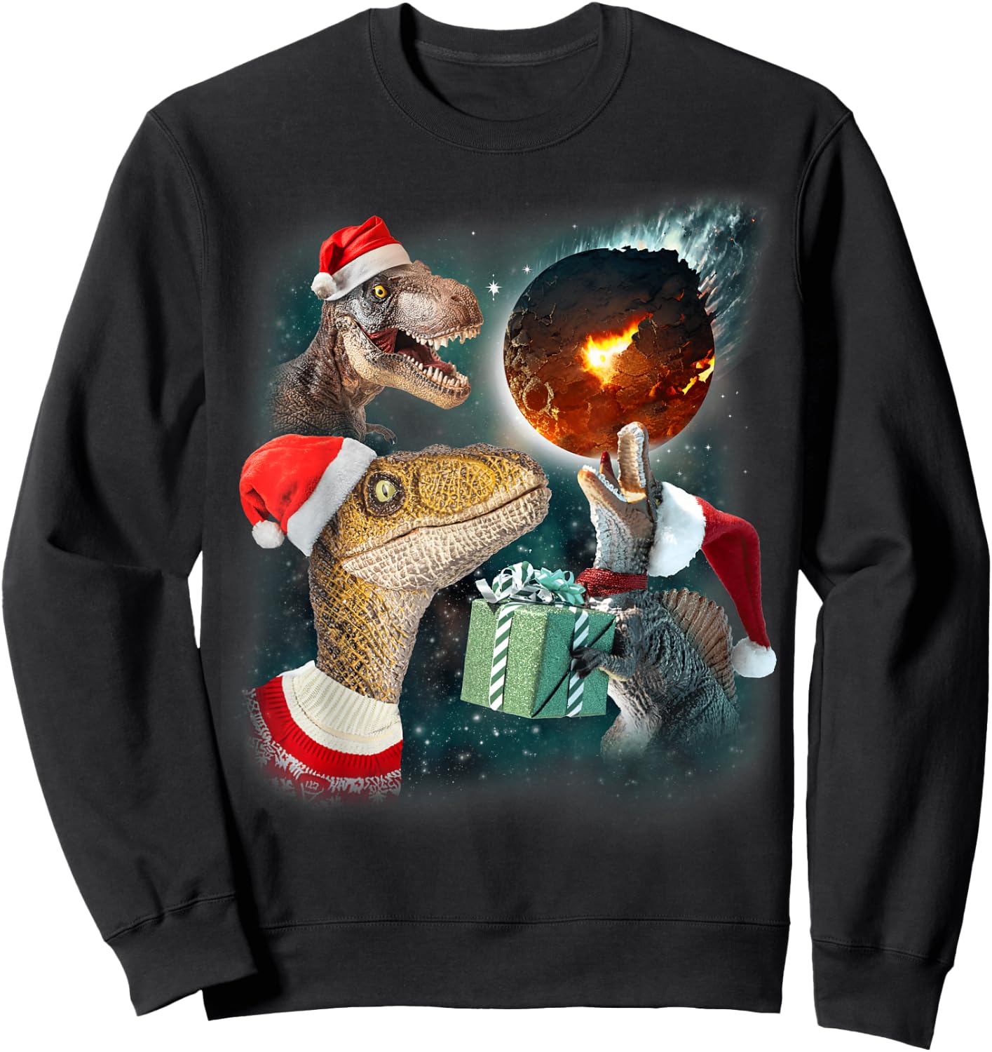 Three Rex Moon | 3 Dinos Howling Weird Cursed Christmas Meme Sweatshirt - Sweatshirt | Black