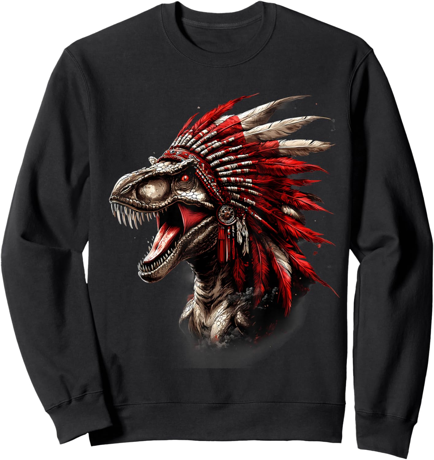 Native American Feather Headdress Dino T-Rex Artwork Sweatshirt - Sweatshirt | Black