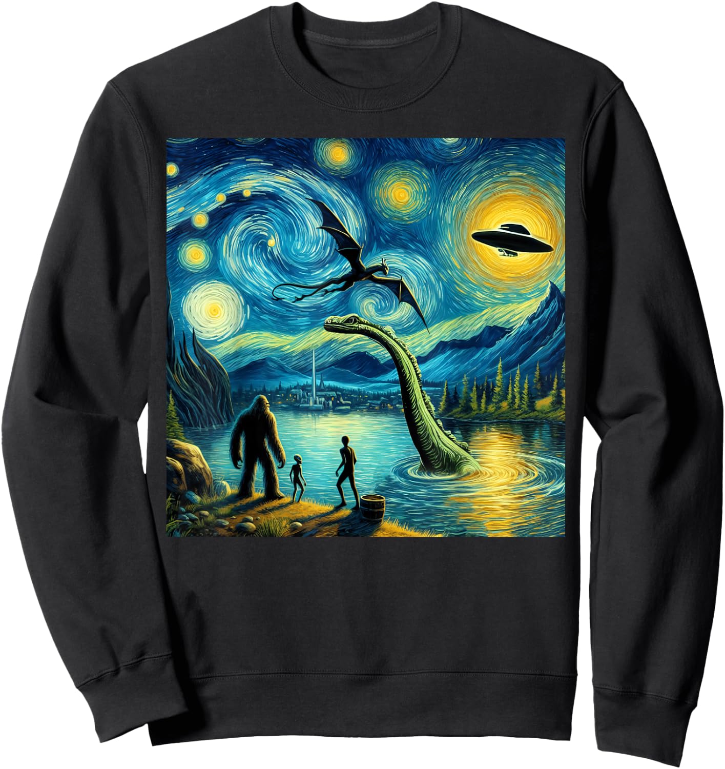 bigfoot starry night loch Ness alien UFO dragon cute lake Sweatshirt - Sweatshirt | Black