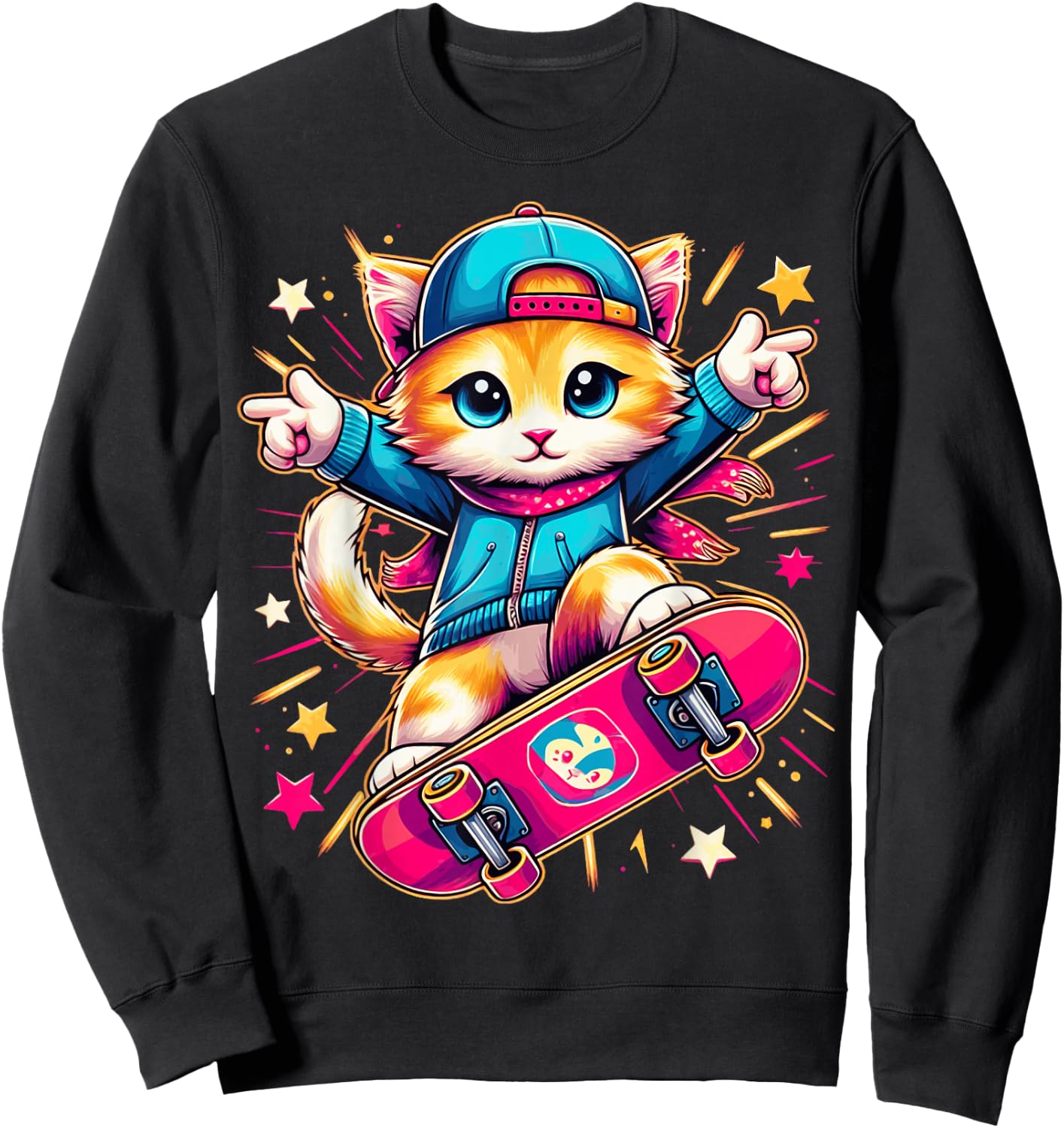Skate Kitten Cute Adorable Cat Skating Fun Skateboard Tricks Sweatshirt - Sweatshirt | Black
