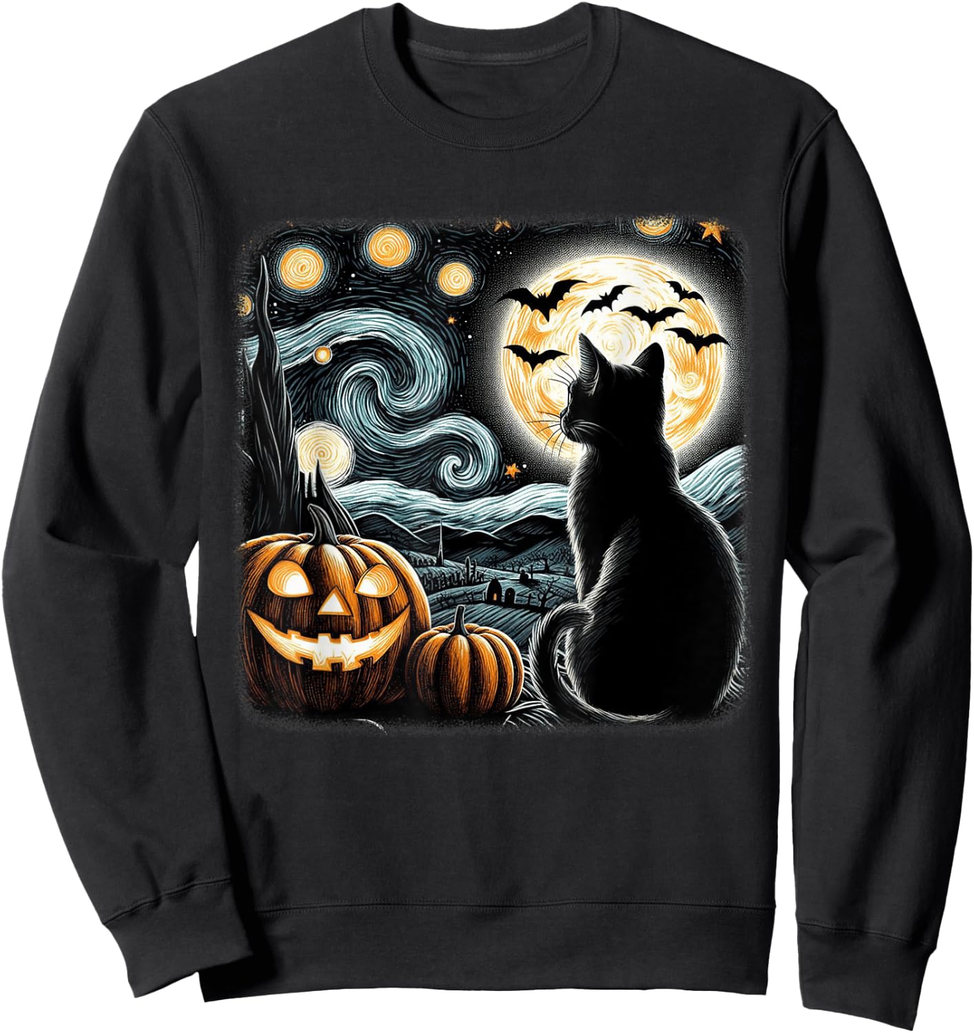 Black Cat Halloween Cat Lover Starry Night Cat Van Gogh Cat Women Kids Sweatshirt - Sweatshirt | Black