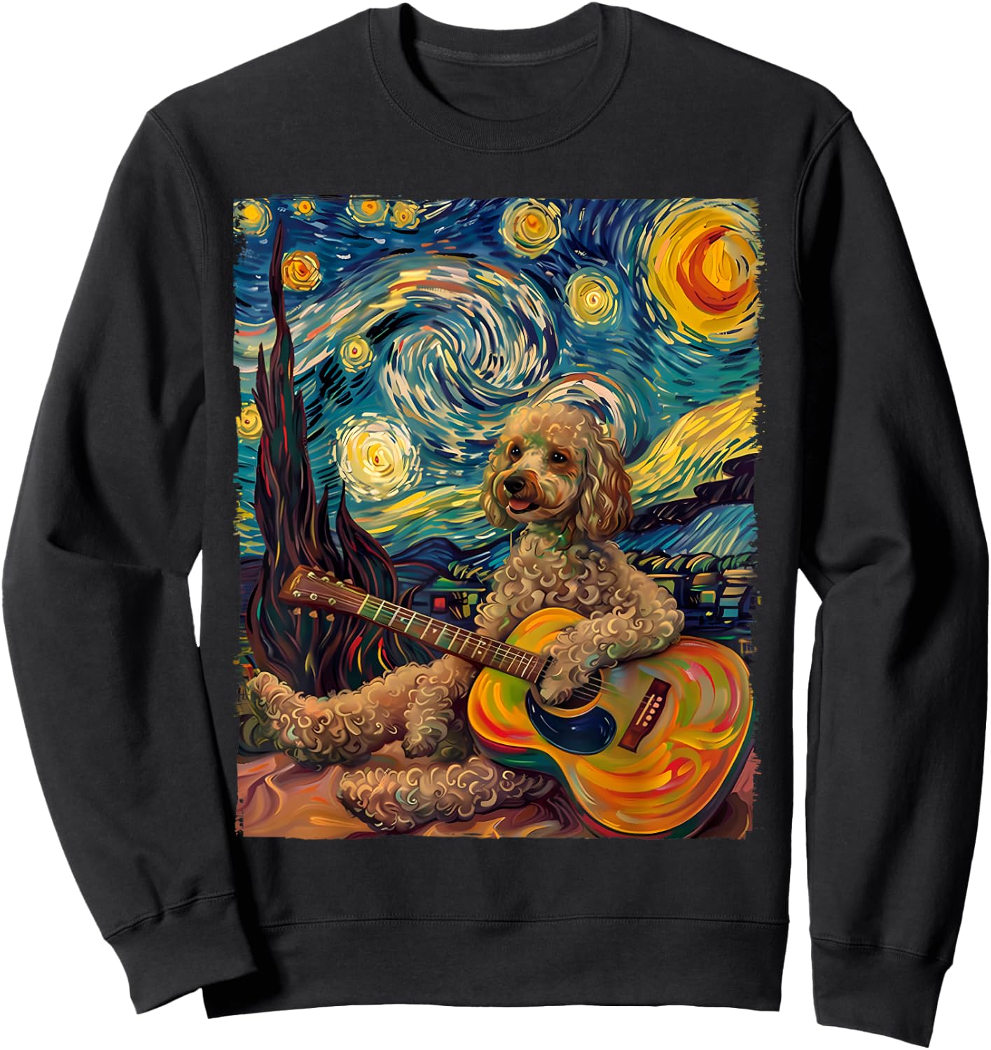 Starry Night POODLE Dog Playing The Guitar, Dog Painting Fun Sweatshirt - Sweatshirt | Black