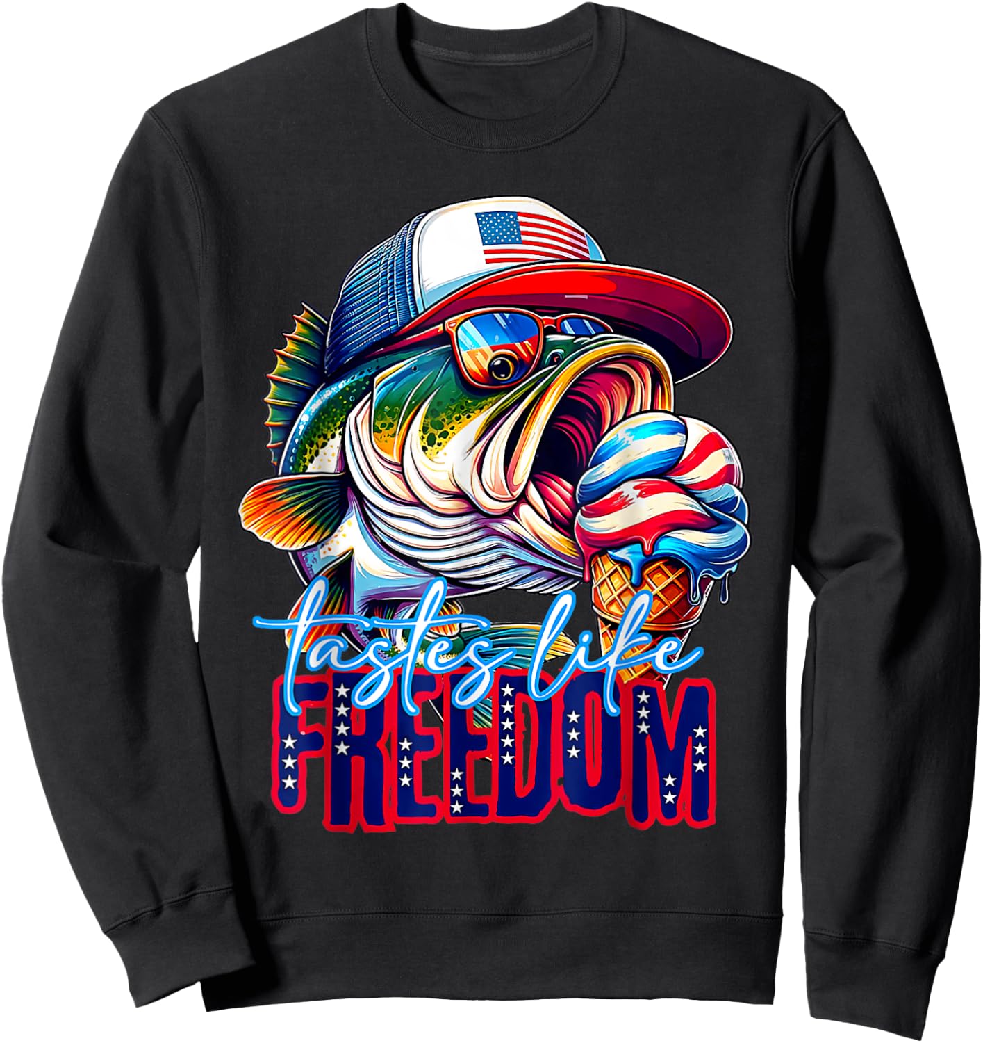 Tastes Like Freedom 4th of July Ice Cream Bass Fishing Sweatshirt - Sweatshirt | Black